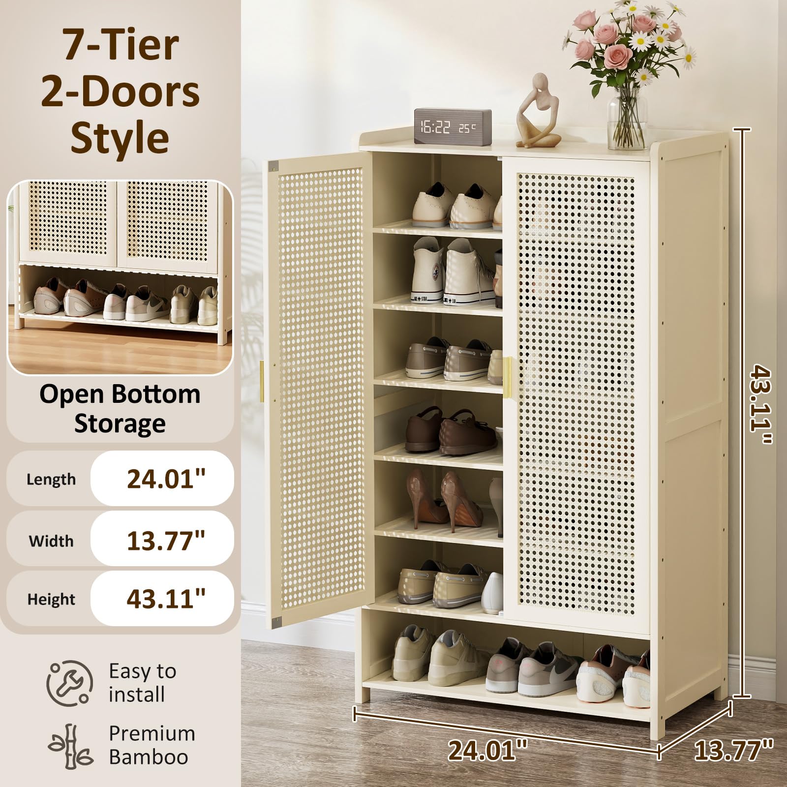 Condition photo showing New/Like New for shoe cabinet with doors, 7-tier bamboo shoe storage cabinet for entryway, freestanding shoe rack cabinet for hallway apartment, 43" tall modern farmhouse style, holds 24 pairs?beige