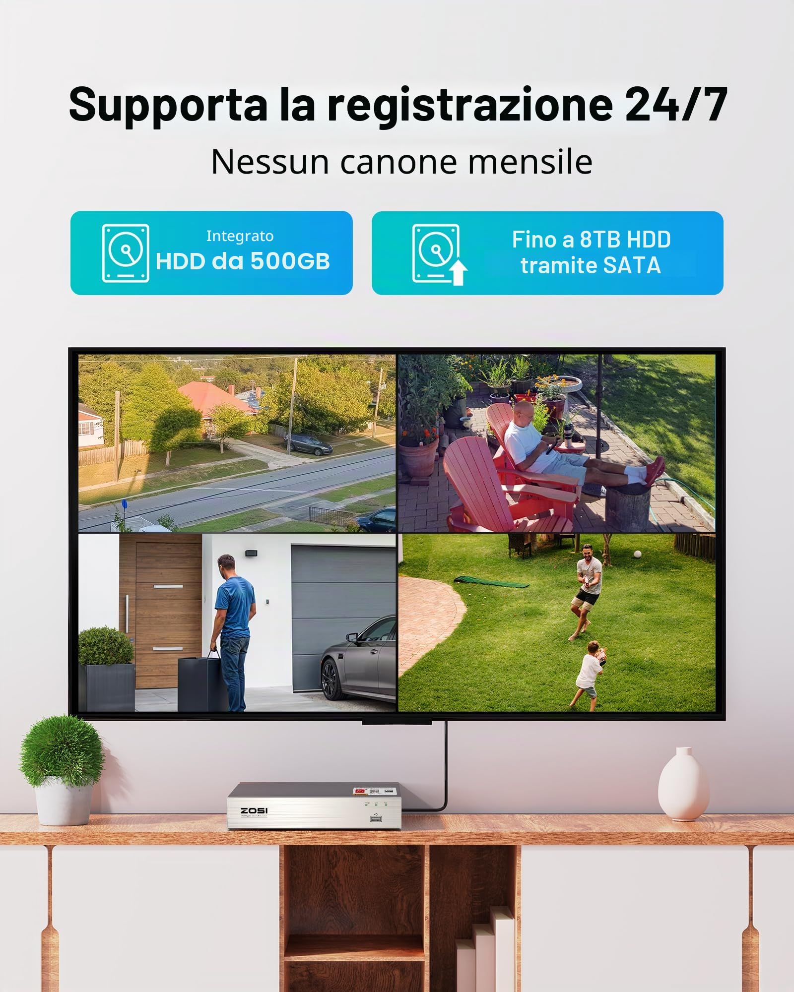 ZOSI 1080P 8CH 500GB DVR Pacchetto di sicurezza completo con 4 telecamere bullet cablate per interni/esterni, rilevamento intelligente, IR 24 m per casa e garage