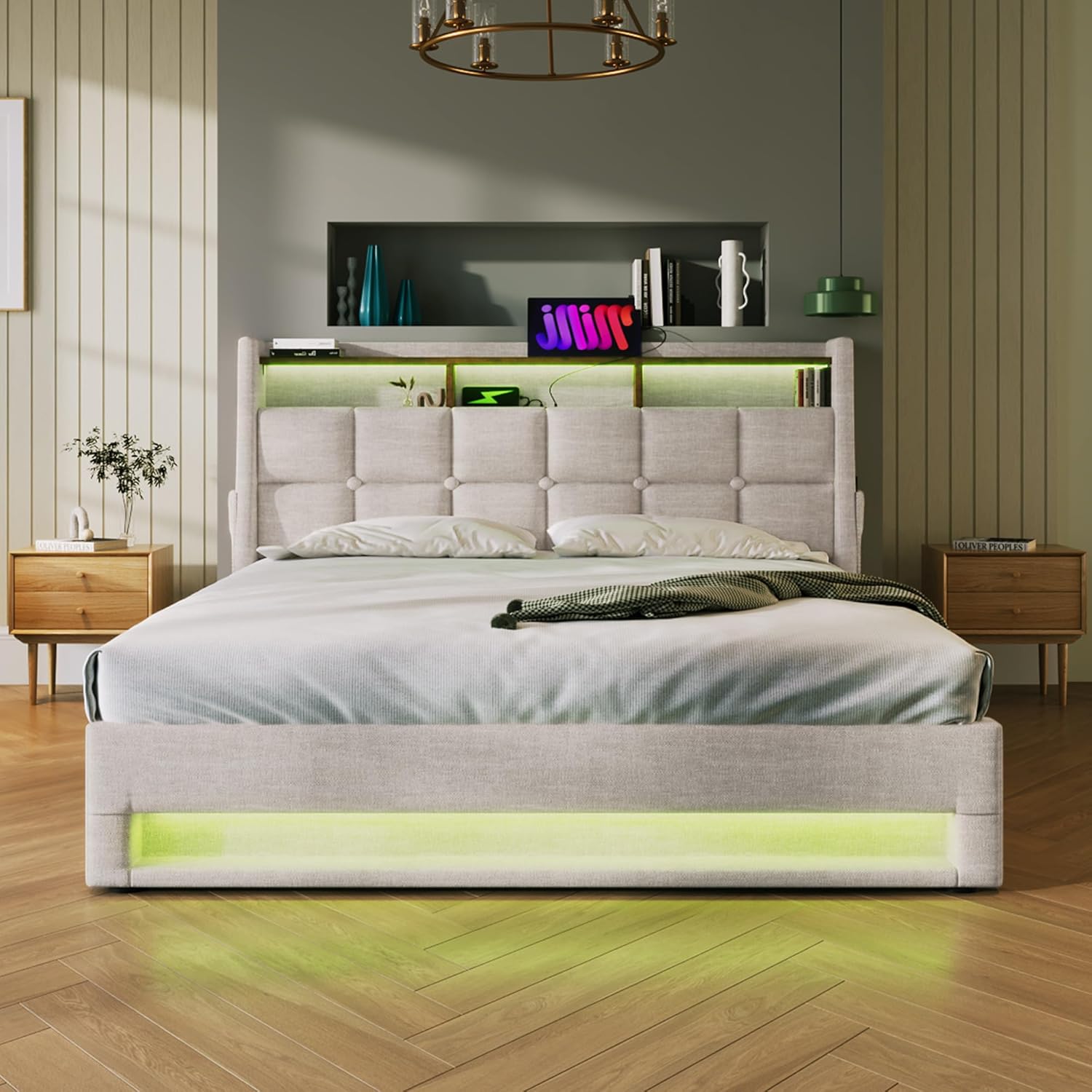 SOFTSEA Modern LED Upholstered Platform Bed with Hydraulic Storage System,Full Size Storage Bed Frame for Adult,Kids,Space Saving/Large Storage Space/USB Port/LED Lights/No Box Spring Needed