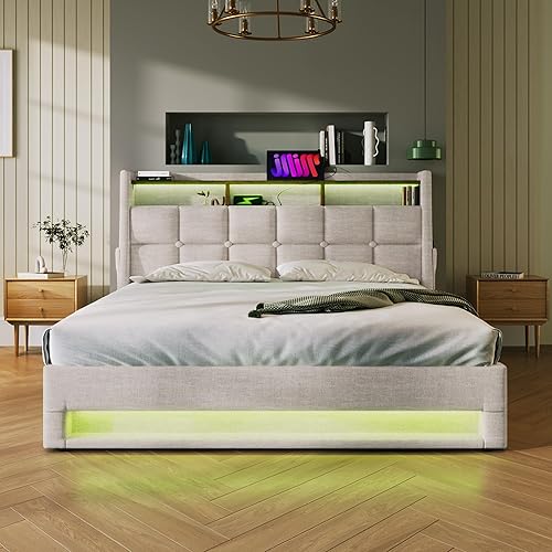 Miniatura 11 de Base de cama LED tapizada tamaño Queen, plataforma flotante de terciopelo con cabecero, MDF moderna y cama de madera contrachapada (beige-081)