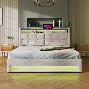 Queen Size Lift Up Storage Bed Frame with Bookcase Headboard, Charging Station and LED Lights, Upholstered Queen Platform Bed, Modern LED Bed Frame with Hydraulic Storage System, Natural