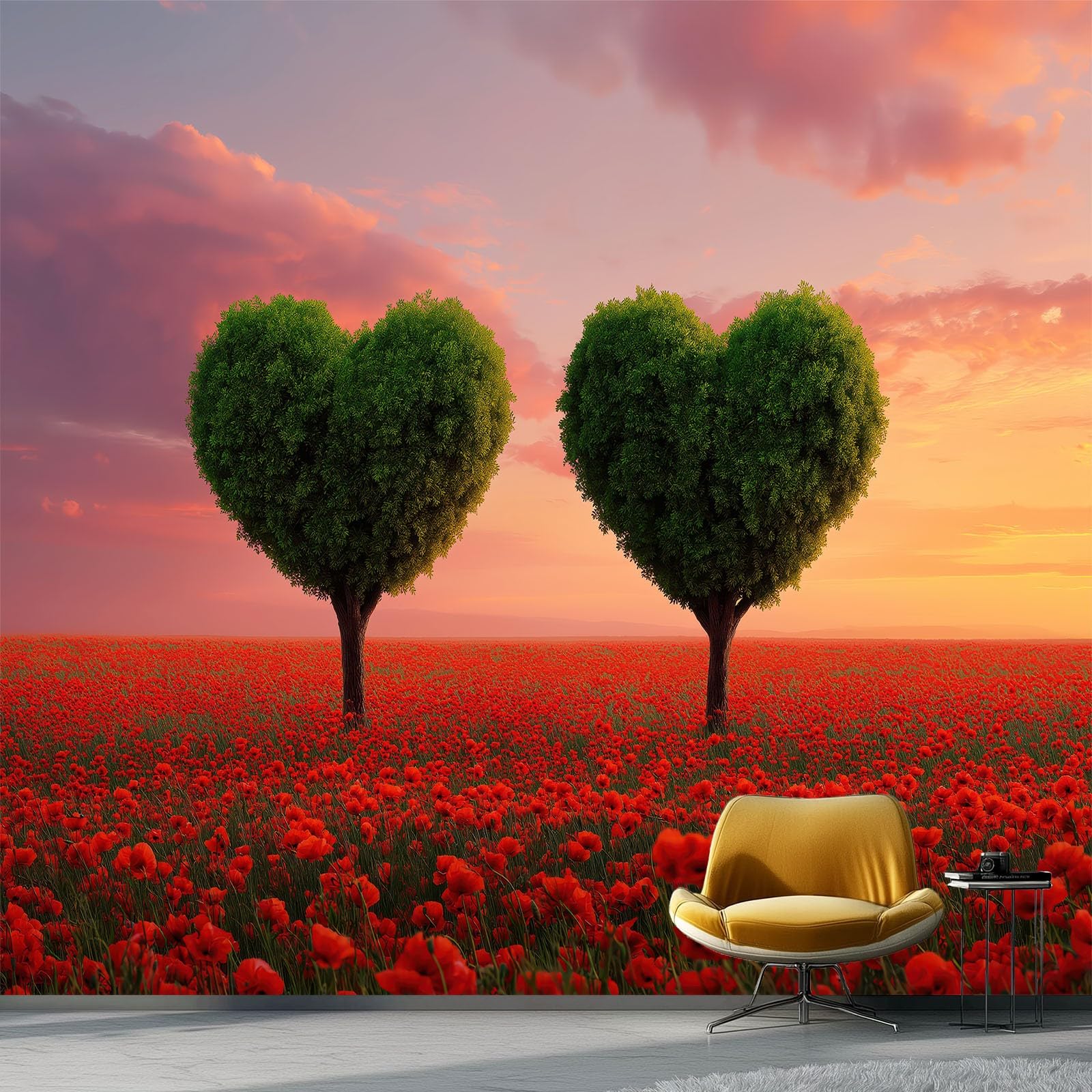Vlies-fototapete Blumenwiese Herzförmiger Baum, 300x210 cm 3D Wandbild