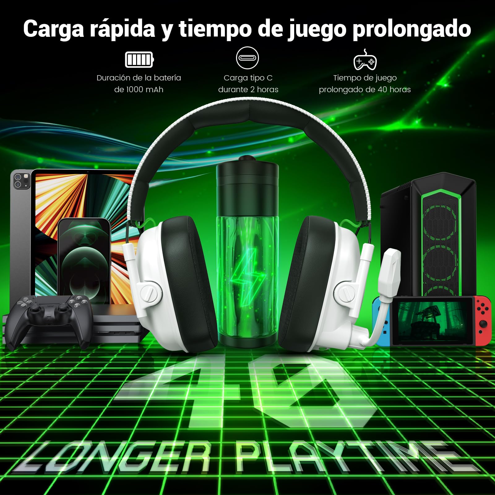 Krysenix 2,4 GHz Cascos Gaming Inalámbricos para PS5, PS4, PC, Mac, Switch, Auriculares Inalámbricos Bluetooth 5.4 con micrófono, Cancelación de Ruido, Duración 40Hr, Luz LED, Blanco Puro