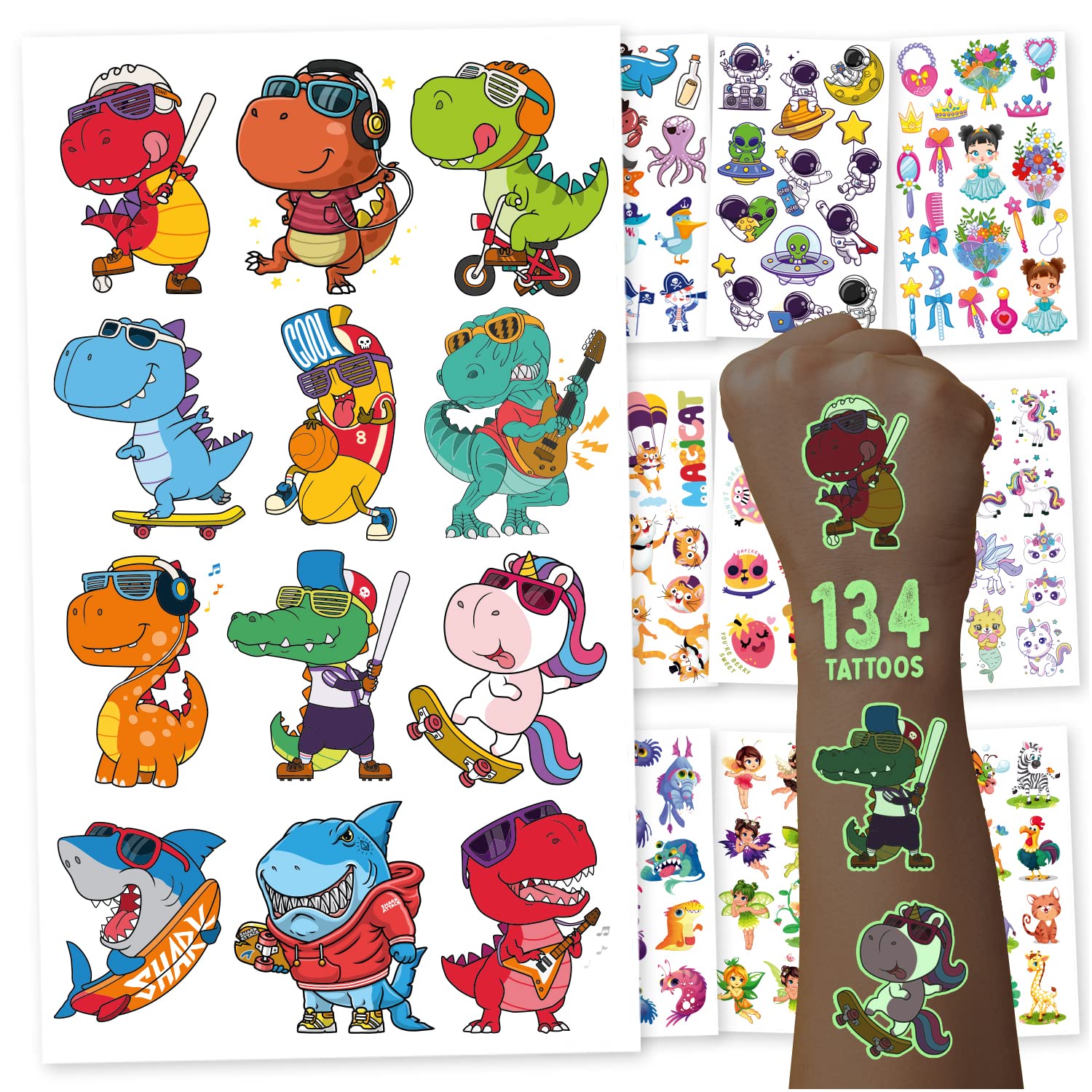 Magicat Tatuajes temporales niños y niñas I Juego de 134 atractivos tatuajes adhesivos luminosos I Pegatinas infantiles de neón, regalos cumpleaños niños colegio, boda, comunion u otros eventos