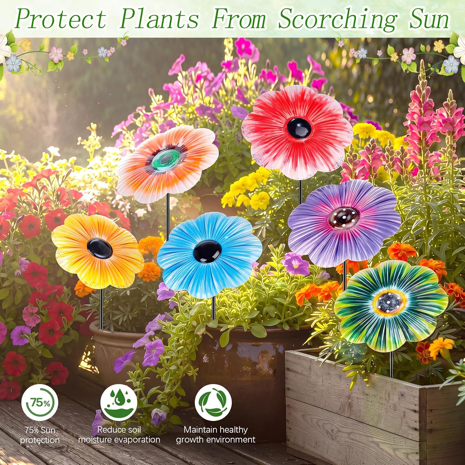 Amyhill 6 Pack Metal Shaped Plant Umbrellas for Outdoor 15 Inch Garden Plant Umbrella Shade Disk Small Flower Covers for Sun Wind Rain Protection for Potted Live Decor Garden Beds Patio