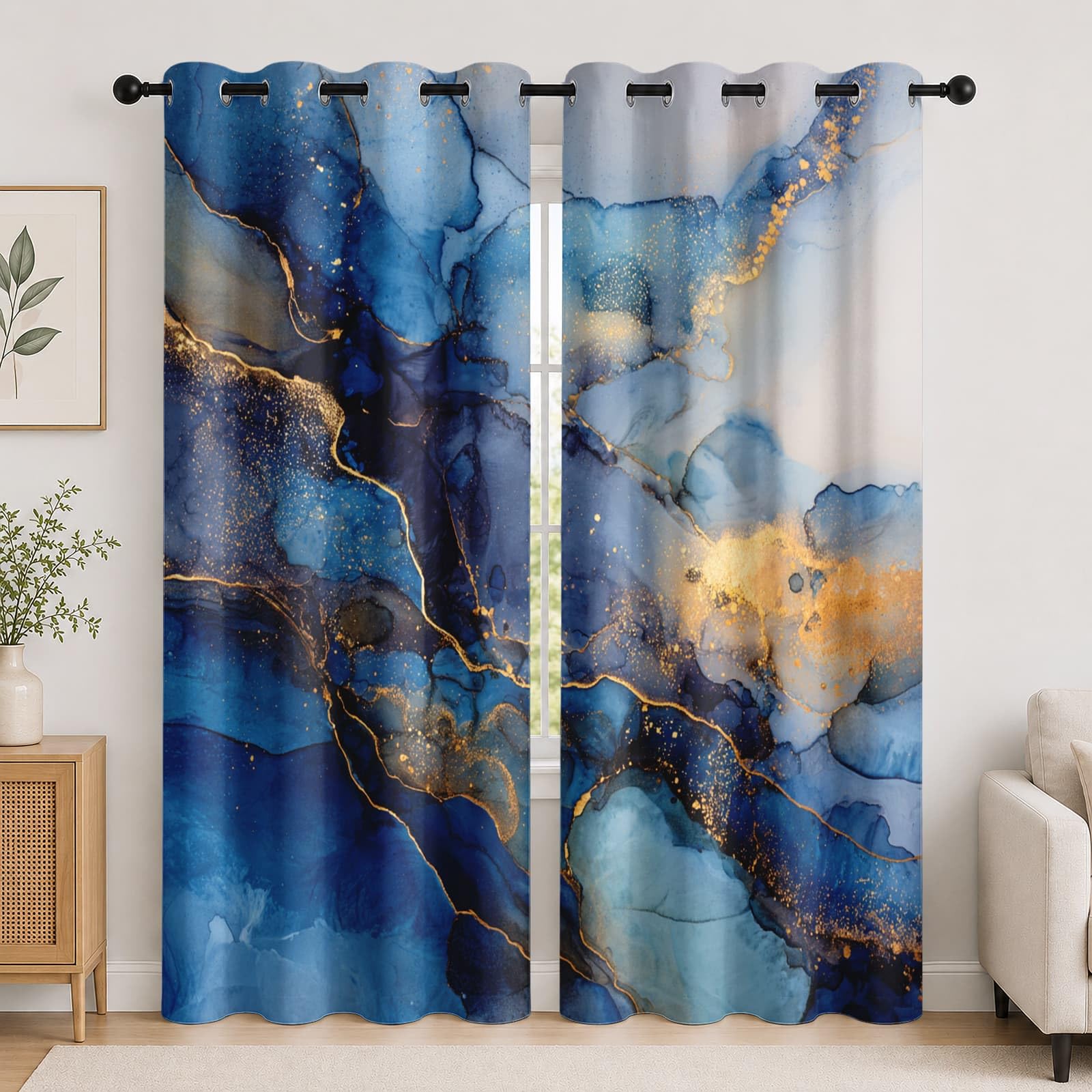 Genérico Aislantes Cortinas Opacas para NiñOs 140An x 260Al cm (2 Paneles), Pintura Al Aguada con Tinta MáRmol PoliéSter Cortinas Privacidad Azul Cortina con Ojales para Sala de Estar y Dormitorios
