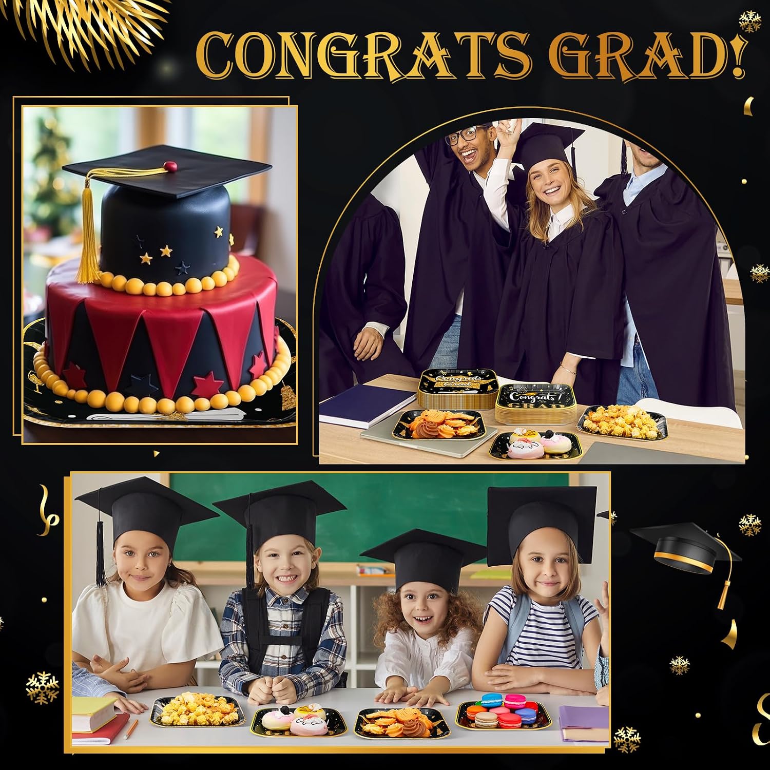 FoldTier 100 Pcs Black and Gold 2026 Graduation Party Plates 7 x 7 in Congrats Grad Dessert Paper Plates Class of 2026 Disposable Square Cake Decorative for Graduation Cocktail Party Supplies