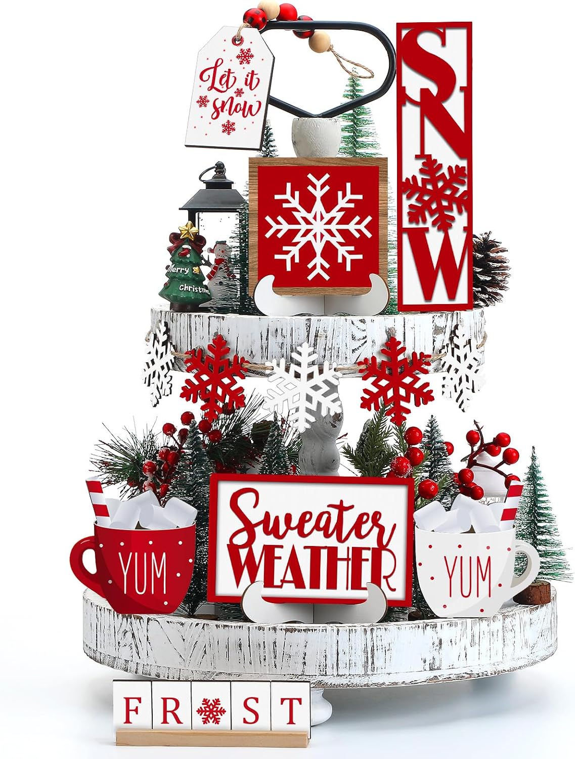 Jetec 12 Pieces Winter Tiered Tray Decor Set Snowflake Wooden Sign Let It Snow Table Decorations Farmhouse Coffee Bar Signs Tray Decor for Home Kitchen Tabletop(Blue)