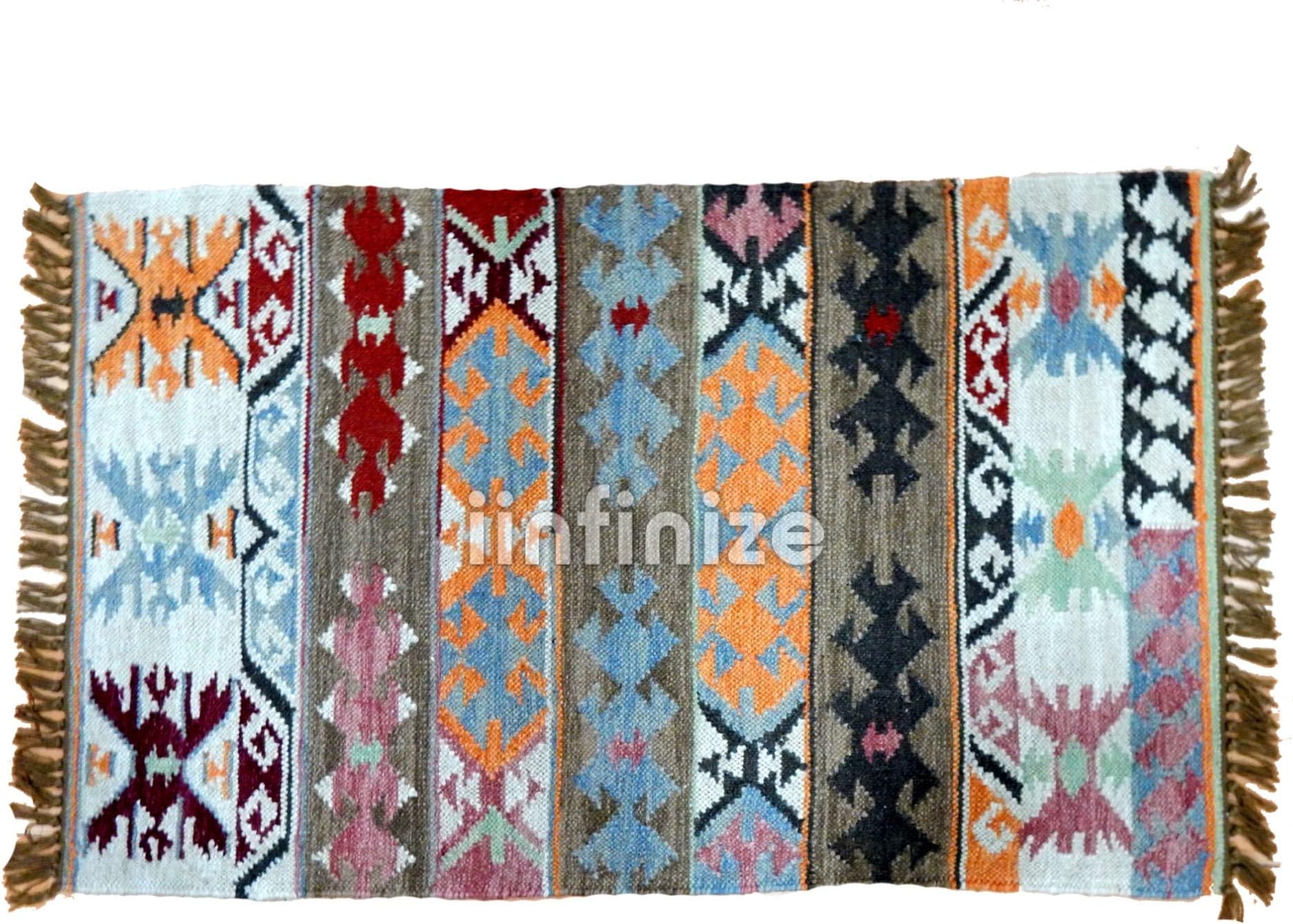 iinfinize - Indian 100% Wool 2x3' Rug Beautiful & Gorgeous Abstract Design Kilim Carpet Floor Runner Flat Reversible Dhurrie Throw Yoga Mat Floor Runner Wool Area Rug Decorative Mat Home Decor