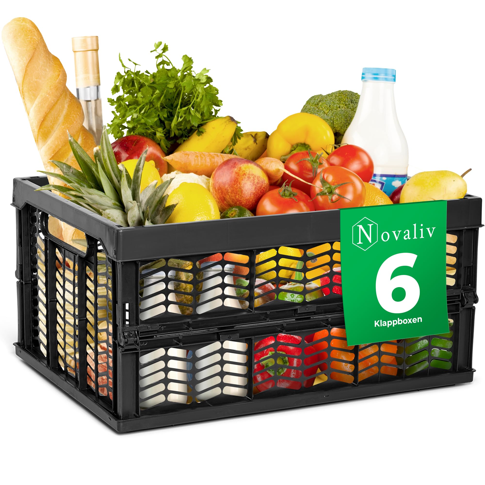 Novaliv Scatole pieghevoli stabili, 6 x 30 l, colore nero, nero, set di scatole per la spesa, cestino per la spesa