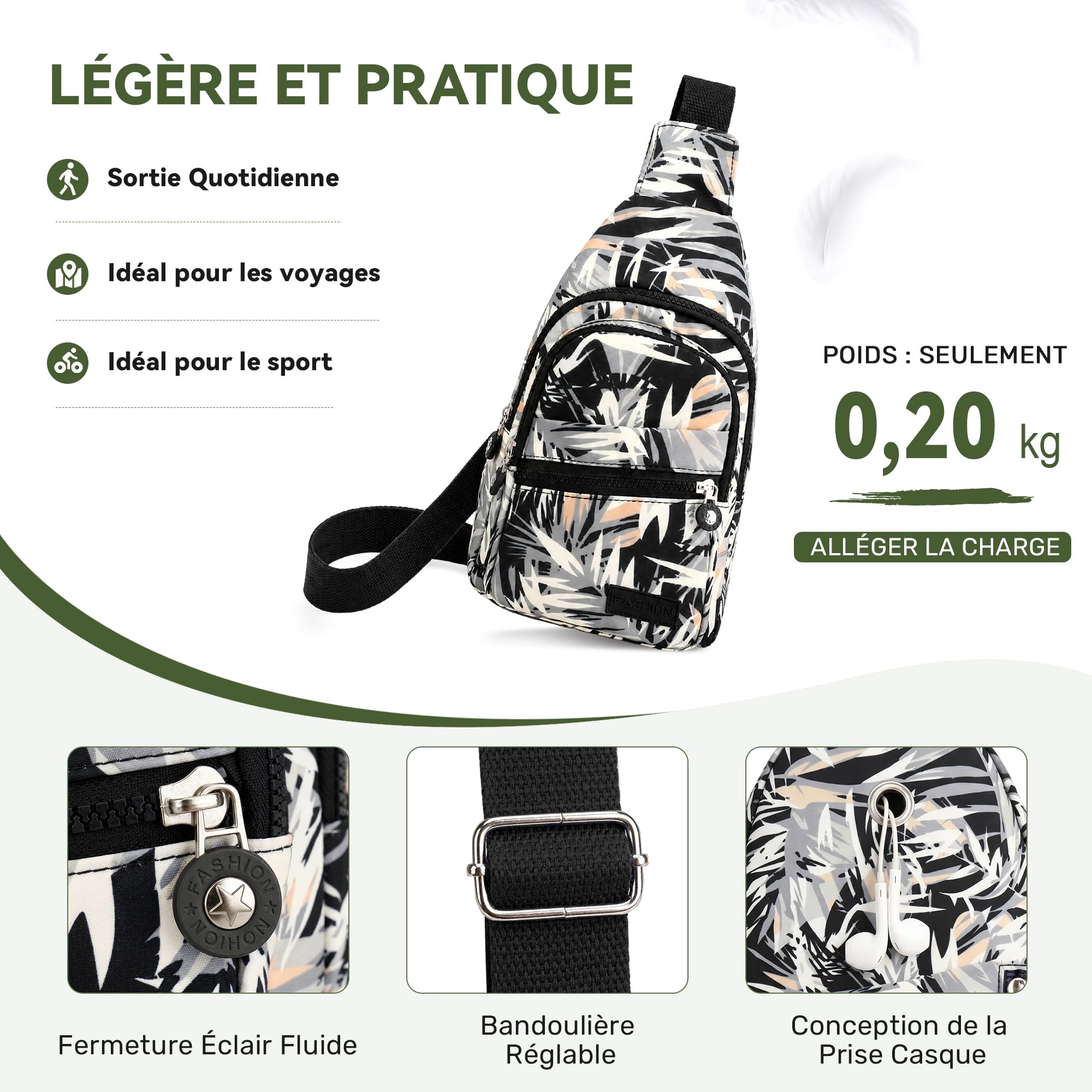 Sac de Poitrine Femme Imperméable Polyester Sling Bag Léger Crossbody pour Voyage Randonnée