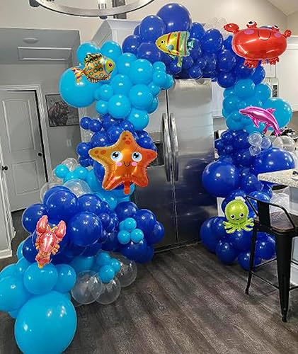 Miniatura 5 de Decoraciones de fiesta temática oceánica, kit de guirnalda de arco de globos azules, globos transparentes, animales marinos, globos de peces para