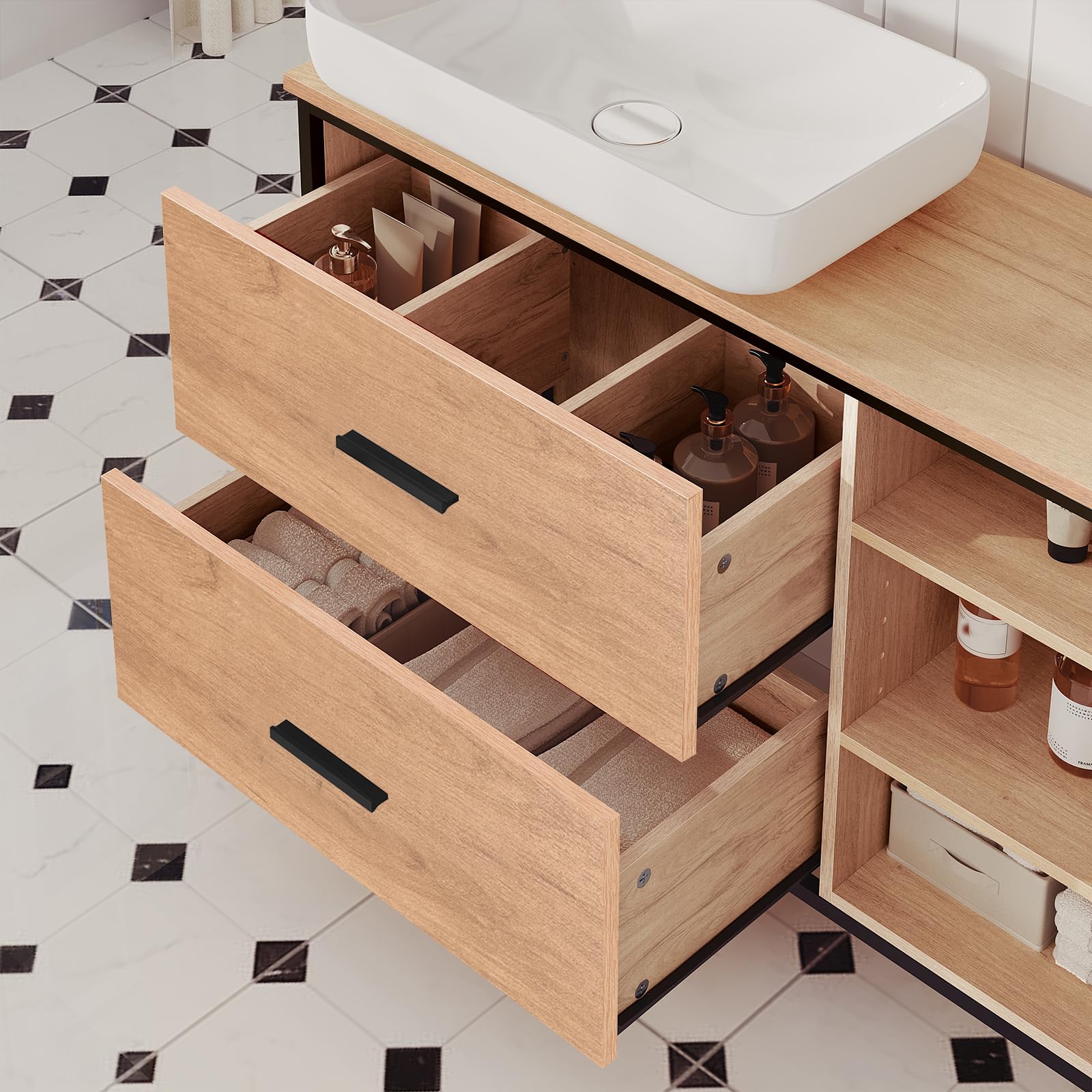 EUGAD Waschbeckenunterschrank, Badezimmerschrank mit Schubladen 3 offenen Fächern, Unterschrank mit verstellbaren Ablagen, freistehender Waschtischunterschrank, 90x60x30 cm