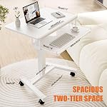 ERGOMAKER Bureau mobile à deux étages avec plateau de clavier, bureau roulant avec roues, table ergonomique réglable en hauteur du bureau pour la maison, blanc