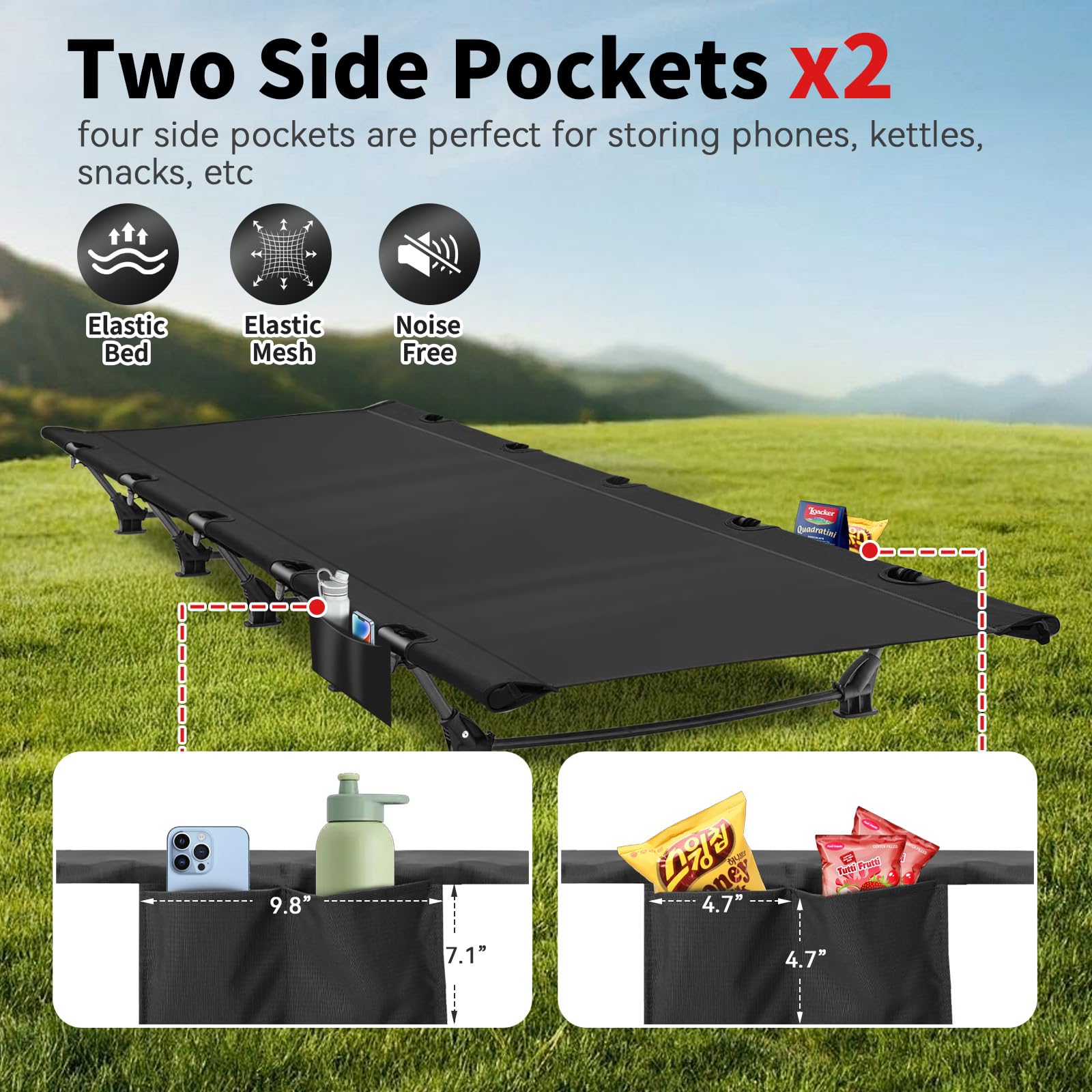 FOCHIER F Camping Cot for Adults with 2 Side Pocket,Portable Folding Camping Bed Supports 330 lbs,Comfort Cot Bed for Camping Lightweight Travel,Hiking,Moutaineering,Sleeping(Black)
