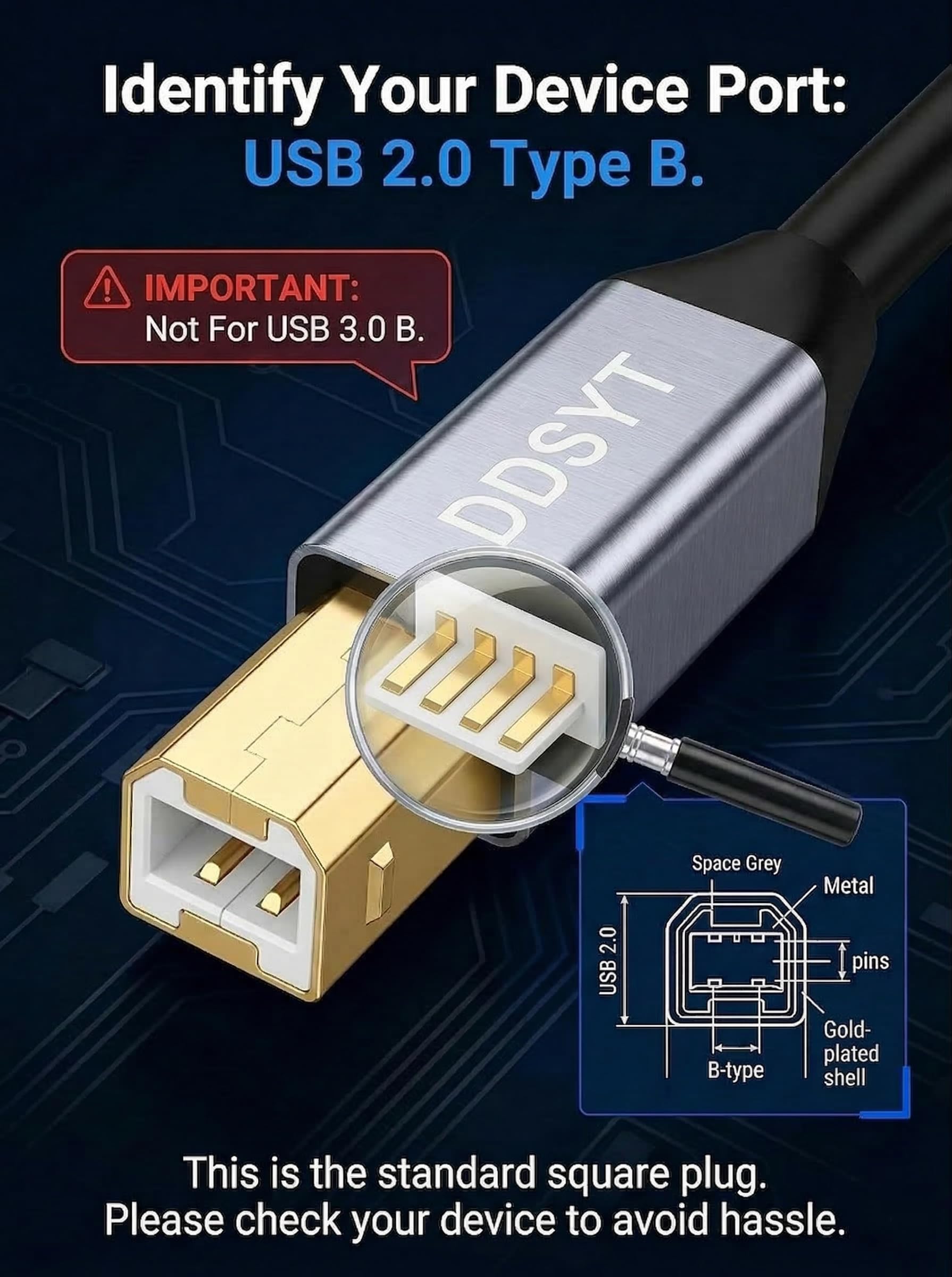 Cavo USB 2.0 per stampante, 1,8 m, USB-A a USB-B 2.0, velocità di trasferimento 480 Mbps, per stampante o disco rigido esterno, connettori placcati oro