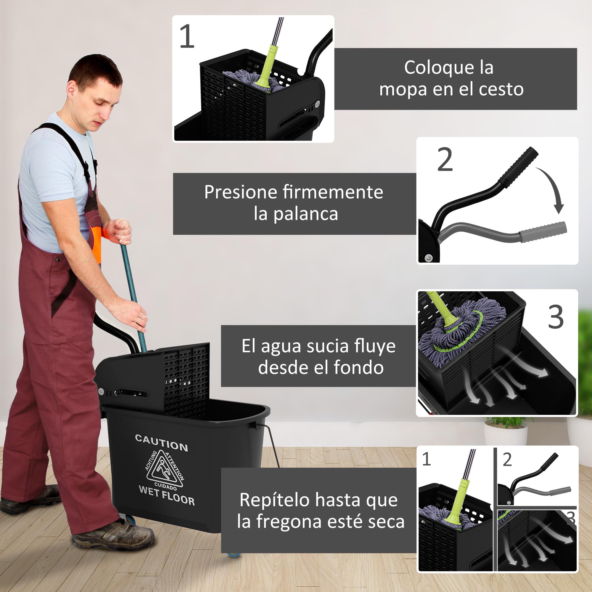 HOMCOM Cubo de Fregona con Ruedas Capacidad de 20 L Cubo de Fregar con Sistema de Escurridor Ruedas y Asa de Transporte para Doméstico y Comercial Negro