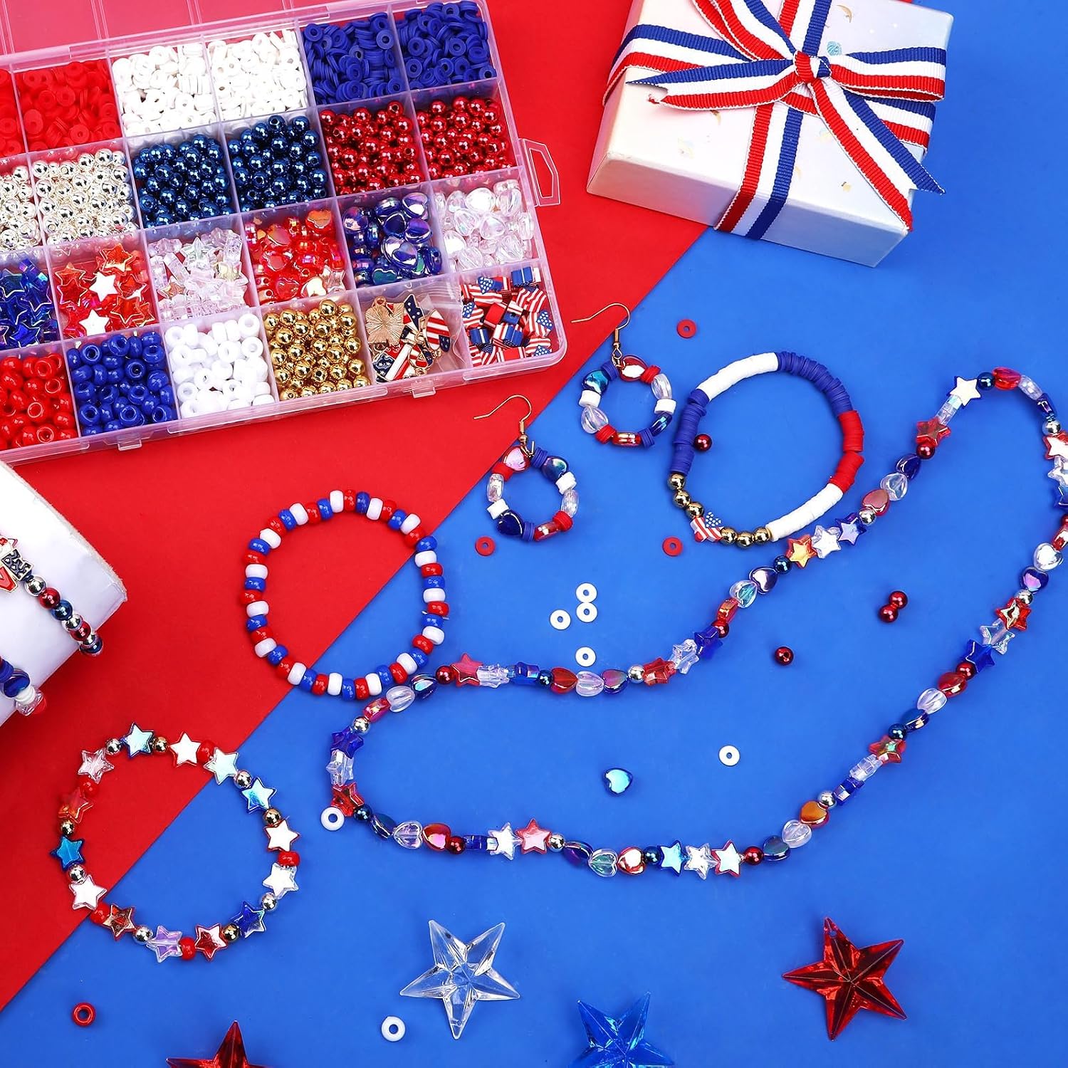 UPINS 2100PCS+ Red White and Blue Beads Bracelet Making Kit 4th of July Patriotic Beads for Jewelry Making Heishi Beads for DIY Bracelets Independence Day Crafts