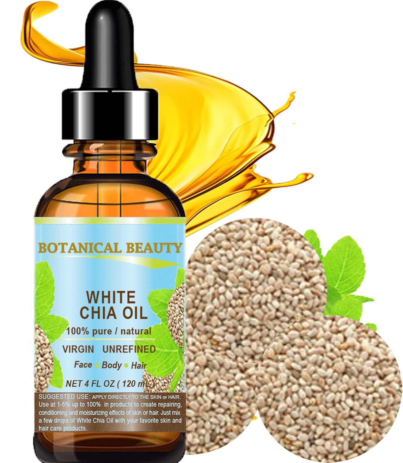 Botanical Beauty WHITE CHIA SEED OIL 100% Pure Natural Virgin Unrefined Cold-Pressed Carrier Oil 2 Fl Oz 60 ml for Face, Skin, Body, Hair, Lip, Nails. Rich in vitamin E
