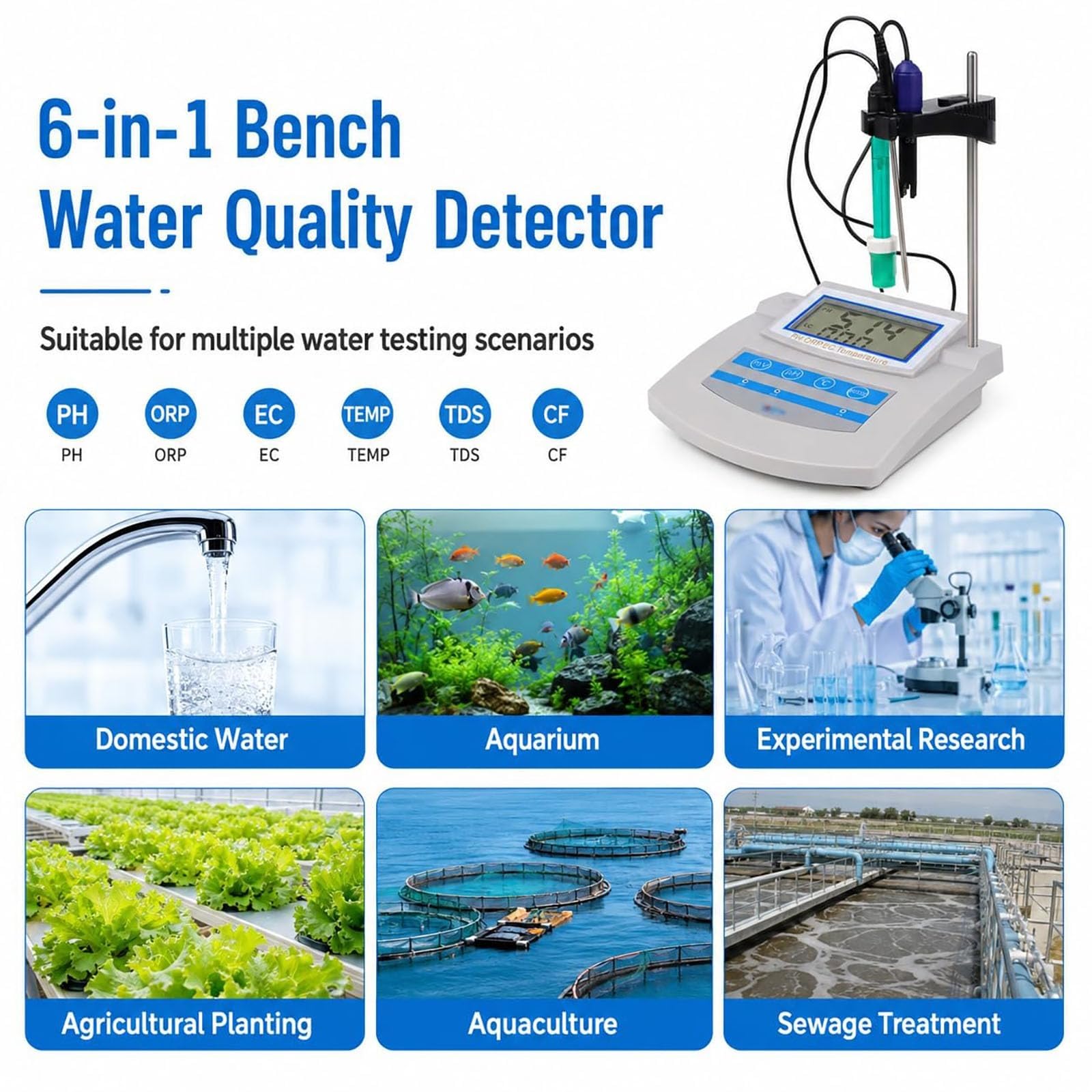 Kit de pH-mètre de paillasse 6-en-1 avec affichage numérique – Testeur de qualité de l'eau (pH, EC, ORP, TDS, CF, Temp.) avec compensation automatique de température (ATC) – Idéal pour laboratoires