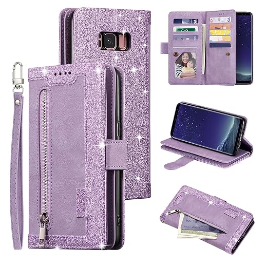 EYZUTAK Wallet Phone Case for Samsung Galaxy S8, Retro Matte 9 Card Slots Holder Zipper Pocket Case PU Leather Magnetic Closure Kickstand with Wrist Strap Shockproof Folio Flip Case - Purple