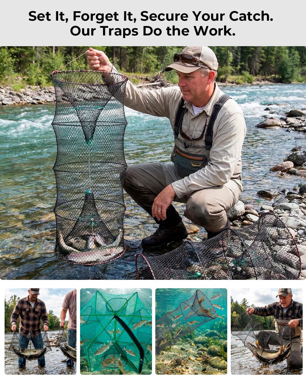 3 Pack Collapsible Hexagon Crab Trap, Cylindrical Crawfish & Bait Trap 12"x21" with 1" Entry Holes, Lobster Shrimp Minnow Net, Portable Foldable Galvanized Steel Traps