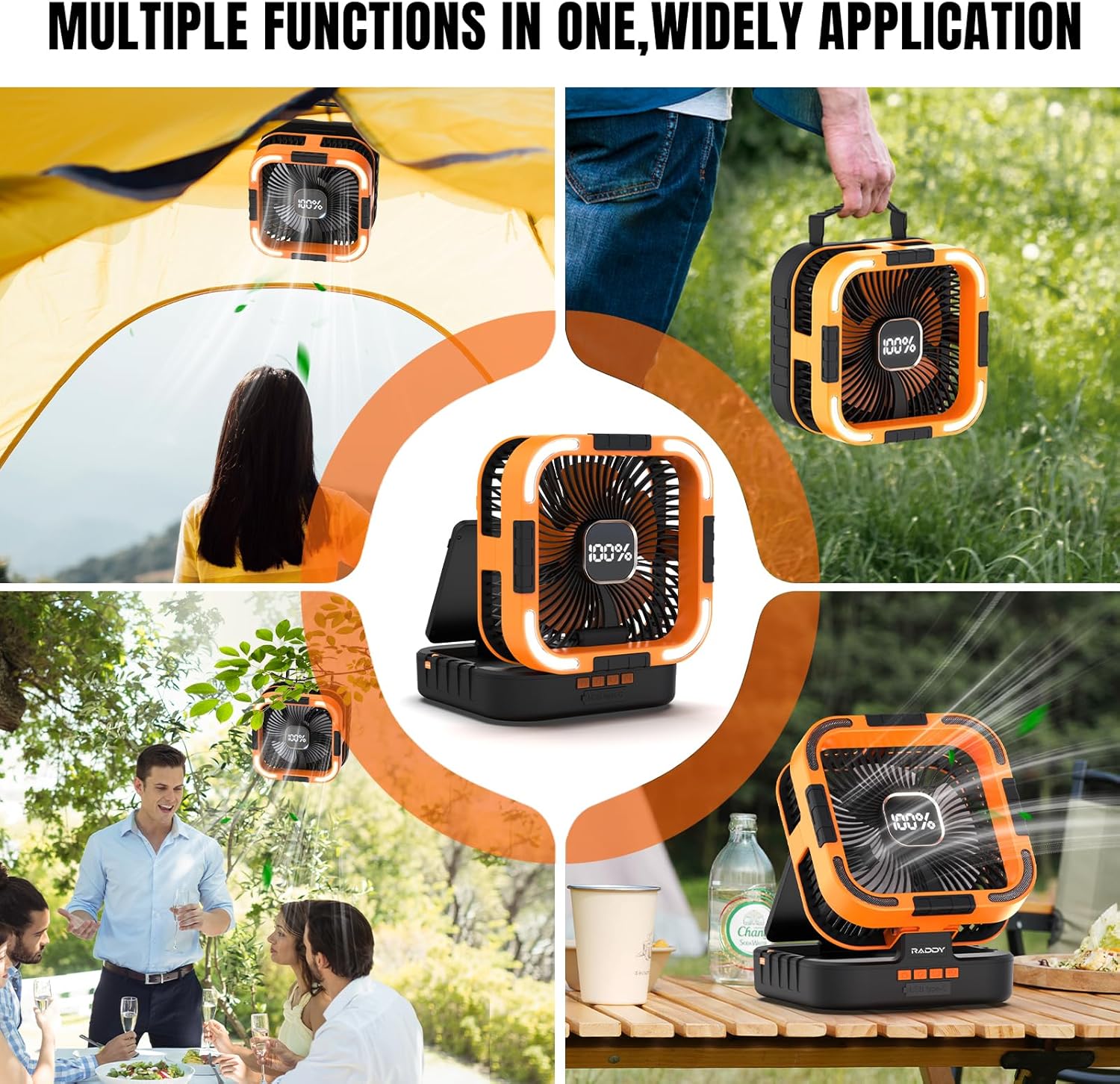 Raddy CF3 Solar Camping Fan Rechargeable, 20,000mAh Portable Fan Battery-Powered with 3W Solar Panel, USB Charging, LED Light, 6 Speeds, Oscillating for Outdoor Tent Travel Emergency