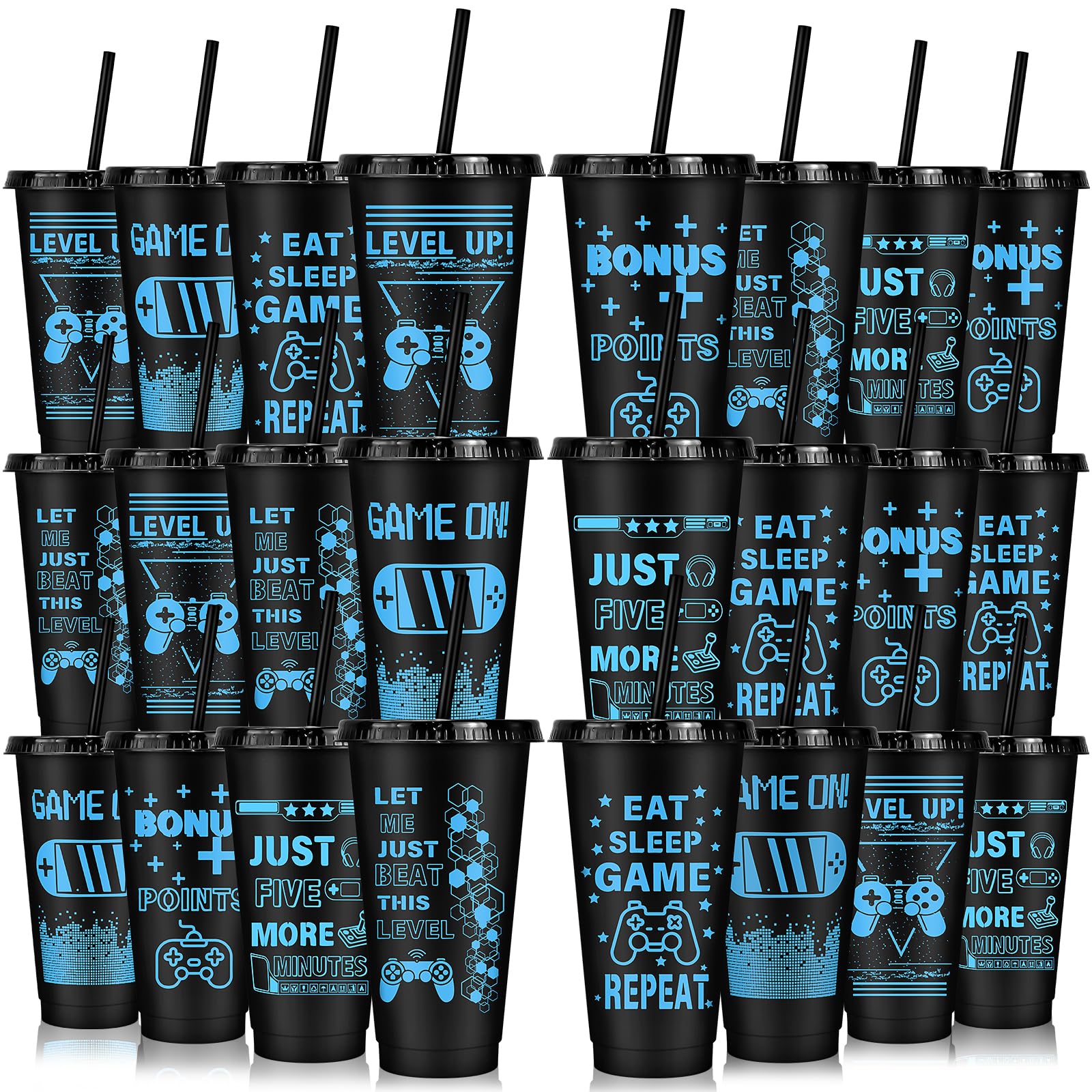 MSYU Lot de 24 gobelets en plastique avec couvercles et pailles pour jeux vidéo - 710 ml - Réutilisables - Pour café glacé - Pour adulte et enfant - Pour fête d'anniversaire - Noir et bleu