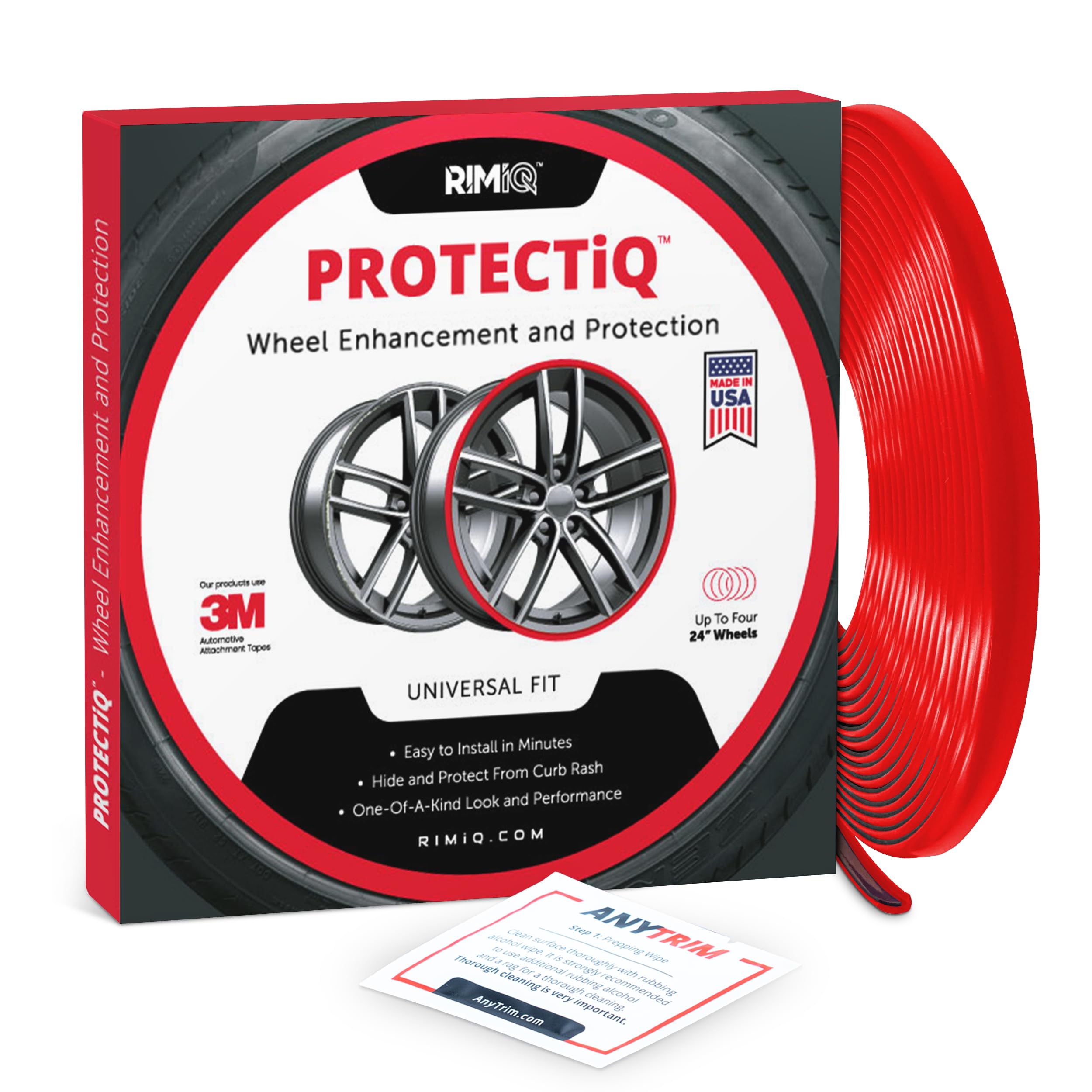 RIMiQ PROTECTiQ Universal Wheel Protection - 1/4" Trim Easy to Apply with Automotive 3M Tape. 6 Colors Made in USA - Fits Up to 24" Rims - Including Tesla - Red