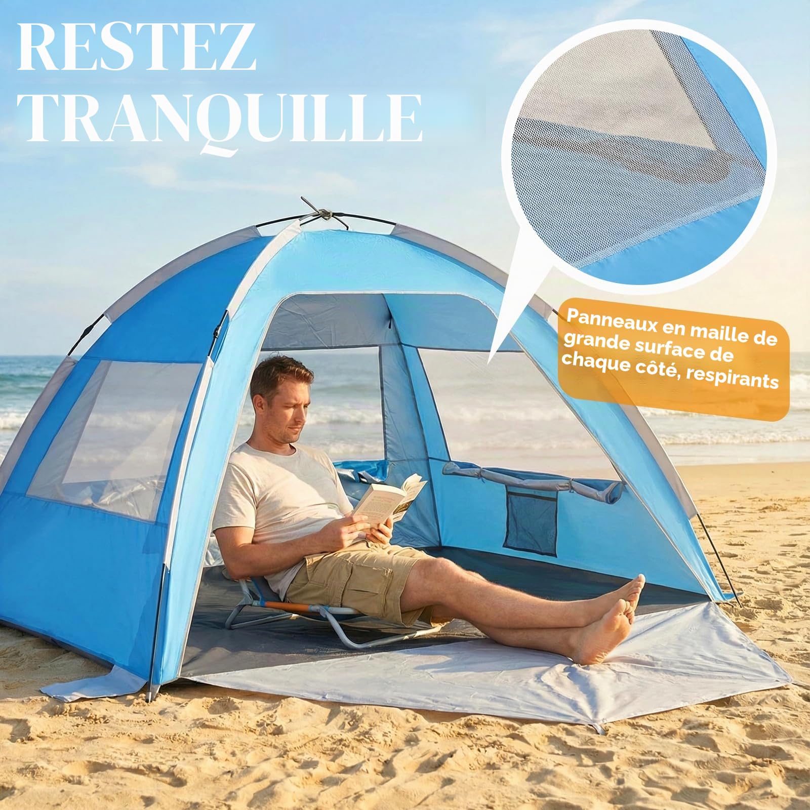 Chihee Abris de Plage Tente Solaire pour 2-3 Personnes avec Protection UV Tissu Enduit d'argent Maille Respirante Sacs de Sable supplémentaires,Léger Installation Facile Portable Auvent de Plage