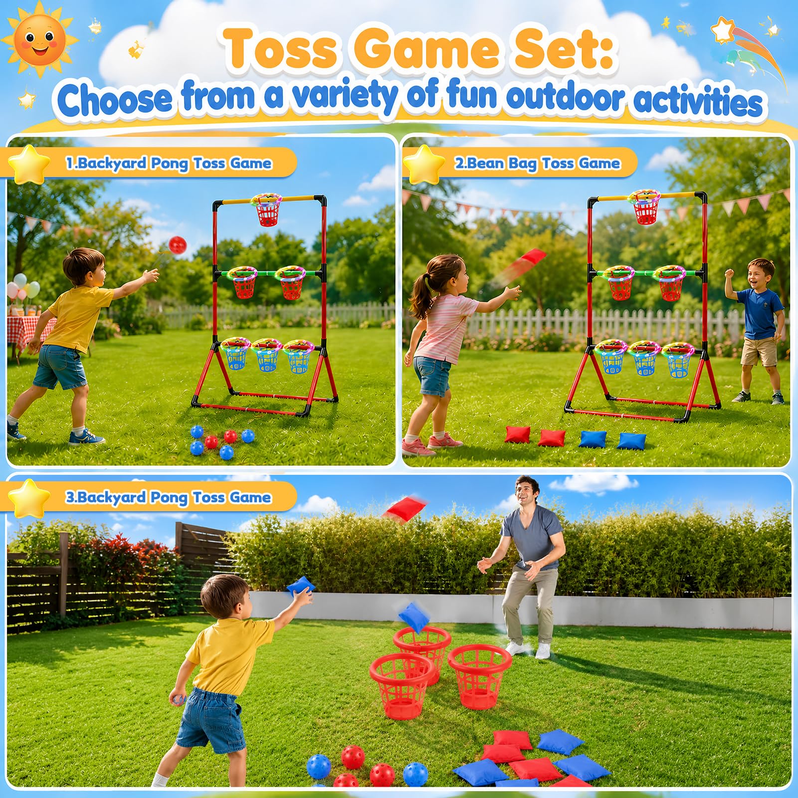 Jeux Jardin, Garden Pong 3-en-1 avec 6 Paniers Lumineux 6 Balles Garden Pong 6 Sacs Lancer Jeu Lancer Jeu Sportif pour Intérieur et Extérieur pour Les Réunions Famille