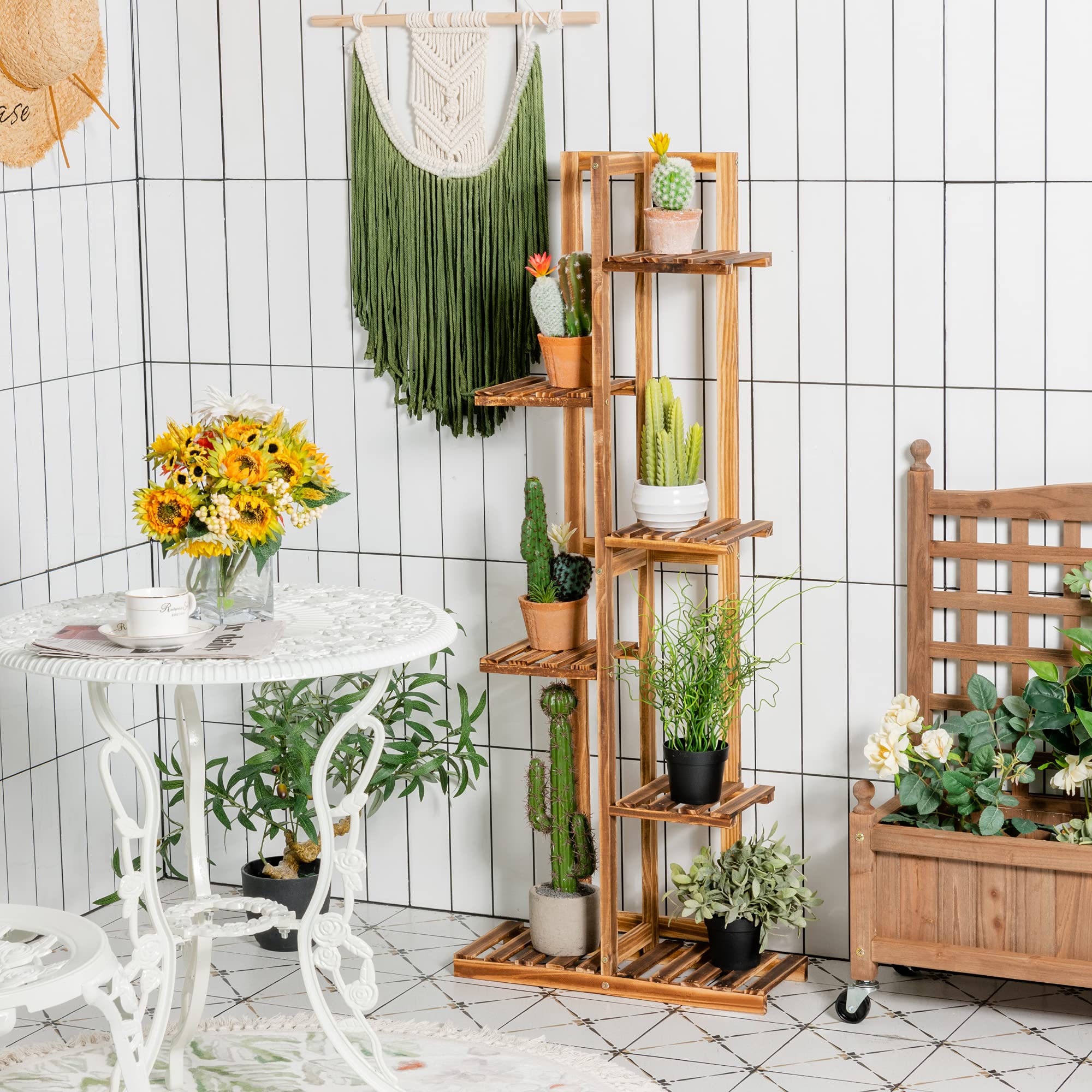 COSTWAY Étagère pour Plantes en Bois de Pin 6 Niveaux Autoportante pour 7 Pots de Fleurs avec Dispositif Anti-Dumping Intérieur/Extérieur Naturel