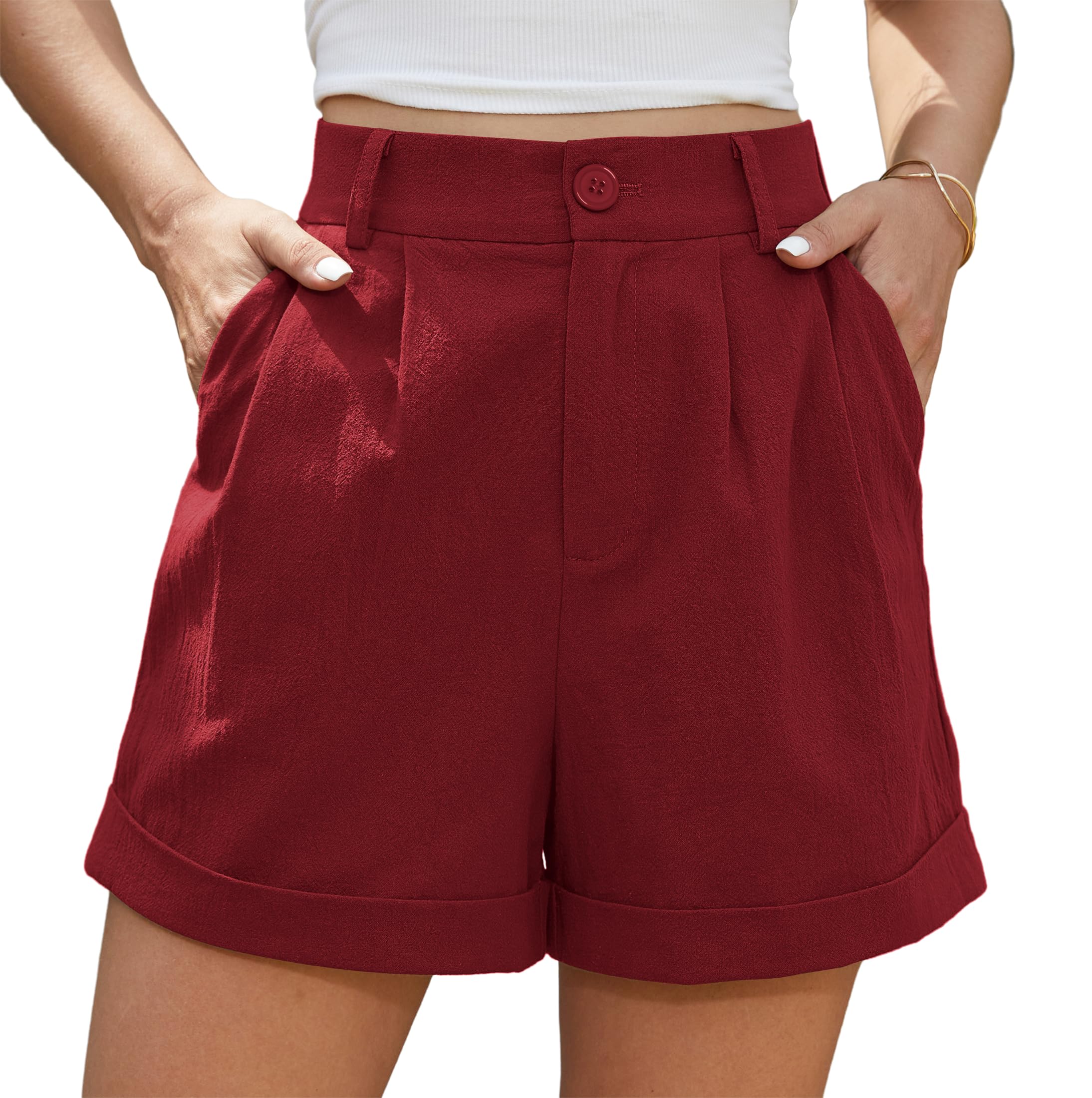 Jouica Womens Summer High Waist Shorts Roll Up Pleated Zippered Wrap Hem Wide Leg Shorts with Pockets