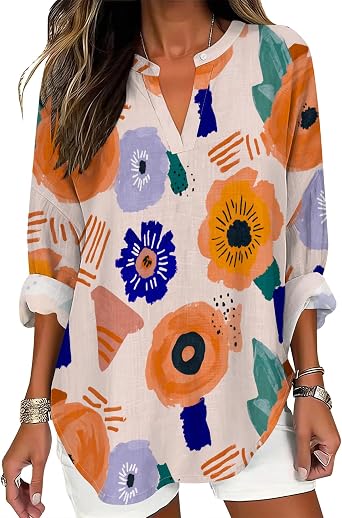 Womens Work Tops Casual Long Sleeve Business Vintage Floral Printed V Neck Stylish Tunic Loose Workout T Shirts