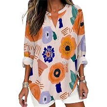Womens Work Tops Casual Long Sleeve Business Vintage Floral Printed V Neck Stylish Tunic Loose Workout T Shirts