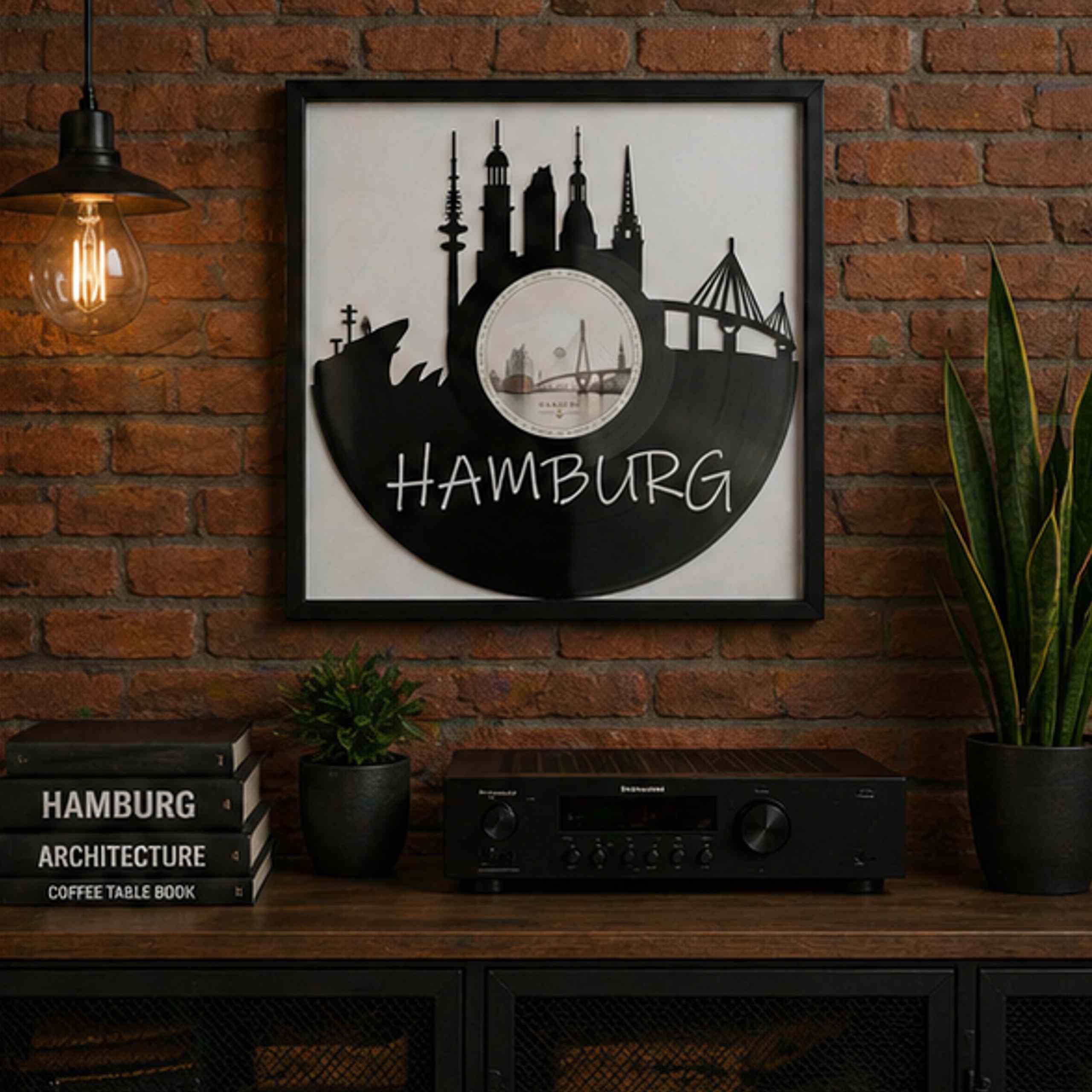 EVEVO Dekoracja ścienna z płyty gramofonowej w ramie 32 x 32 cm Hamburg – winylowa sztuka ścienna, prezent dla fanów Hamburga i podróżników
