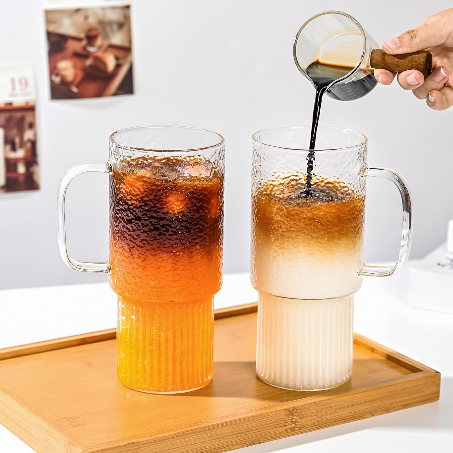 32oz Ribbed Glass Cup with Handle Lid and Straw, Borosilicate Glass Tumblers, Iced Coffee Cups Modern Glass Mug Hot/Cold Drinks for Smoothies, Tea, and Juice (clear-1 Pack-Bamboo Lid) - Image 3