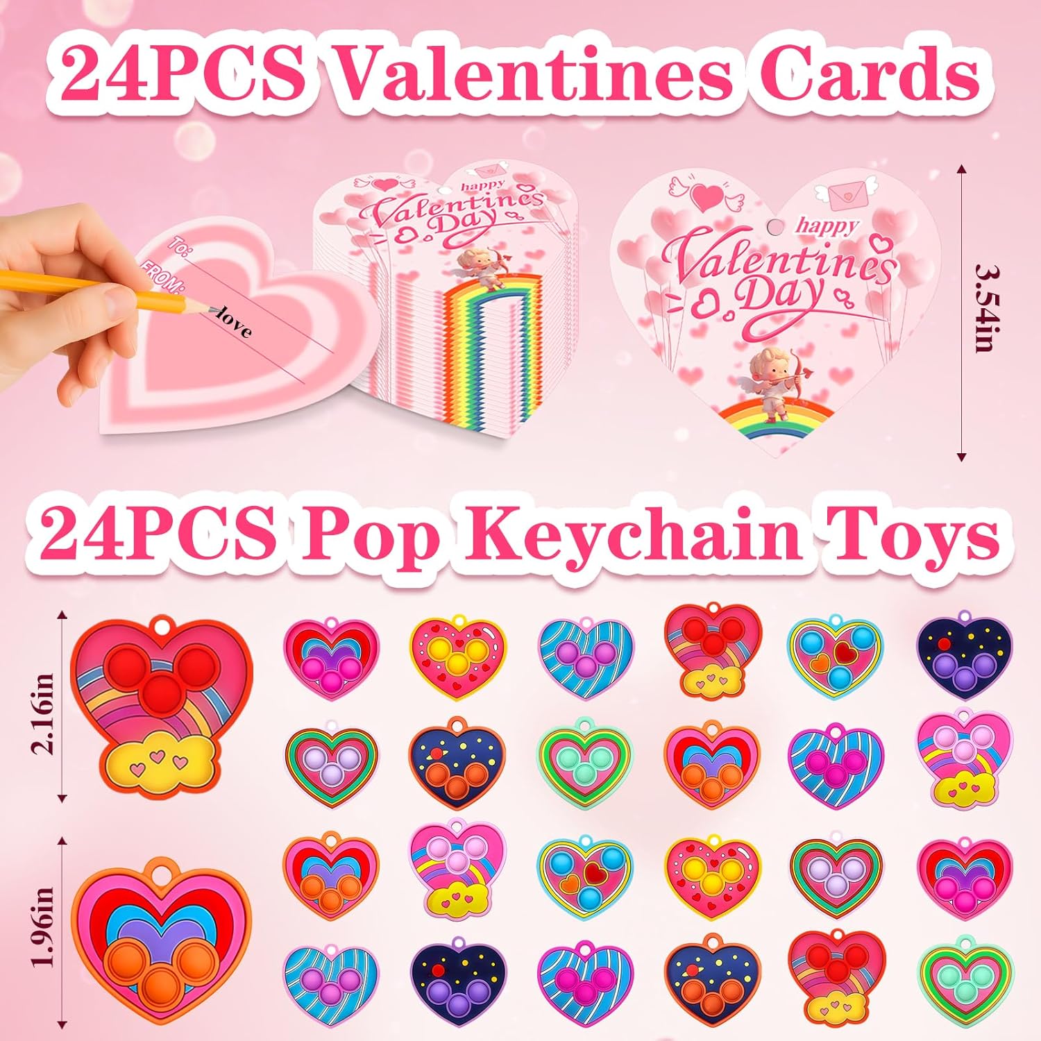 24 Pcs Valentines Day Gifts, Heart Pop Keychain Fidget Toys with Valentines Cards, Valentines Day Gifts for Classroom Exchange Party Favors Prizes