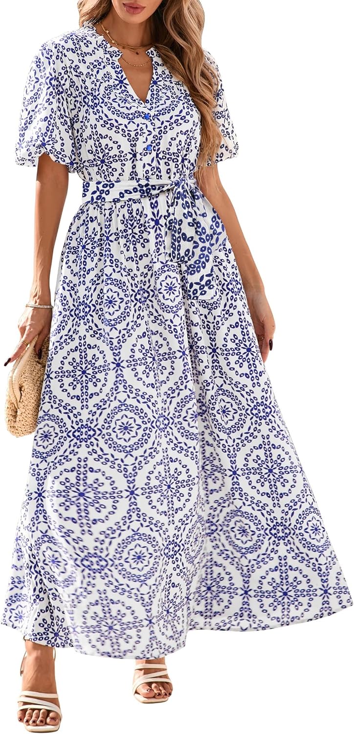 KIRUNDO Women Puff Sleeve Boho Floral Maxi Dress 2025 Spring Summer Button Shirt V Neck Flowy Belted Beach Vacation Dresses