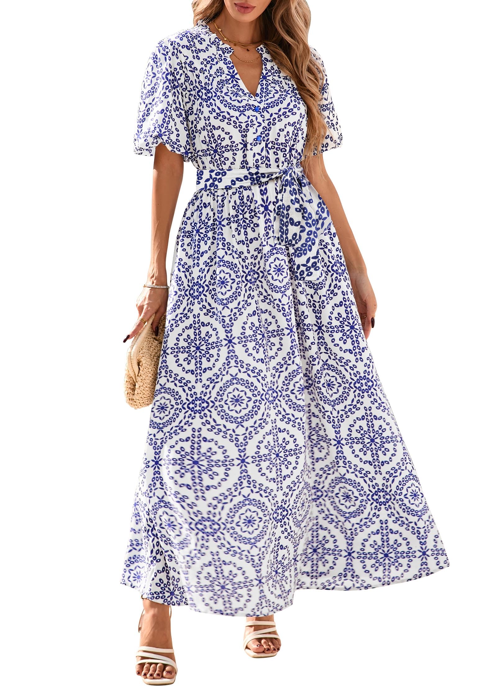 KIRUNDO Women Spring Summer Wedding Guest Boho Floral Maxi Dress Puff Sleeve Button Shirt V Neck Flowy Beach Vacation Dress