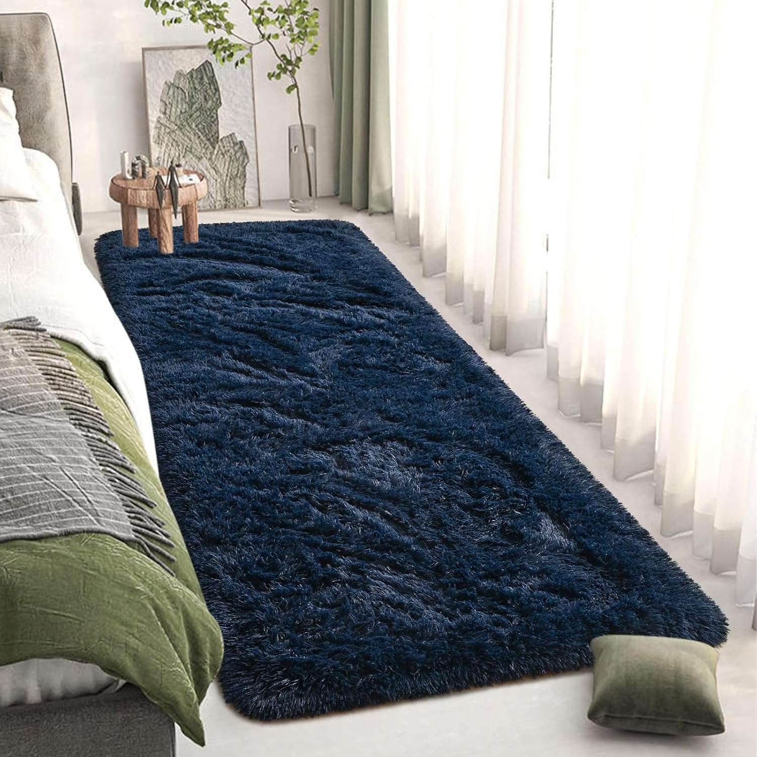 DweIke Fluffy Navy Blue Runner Rugs for Bedroom, 2x6 Feet Soft Plush Long Runners for Girls Boys Kids, Non-Slip and Machine Washable Bedside Rug, Small Throw Carpet for Hallway Rooms Decor