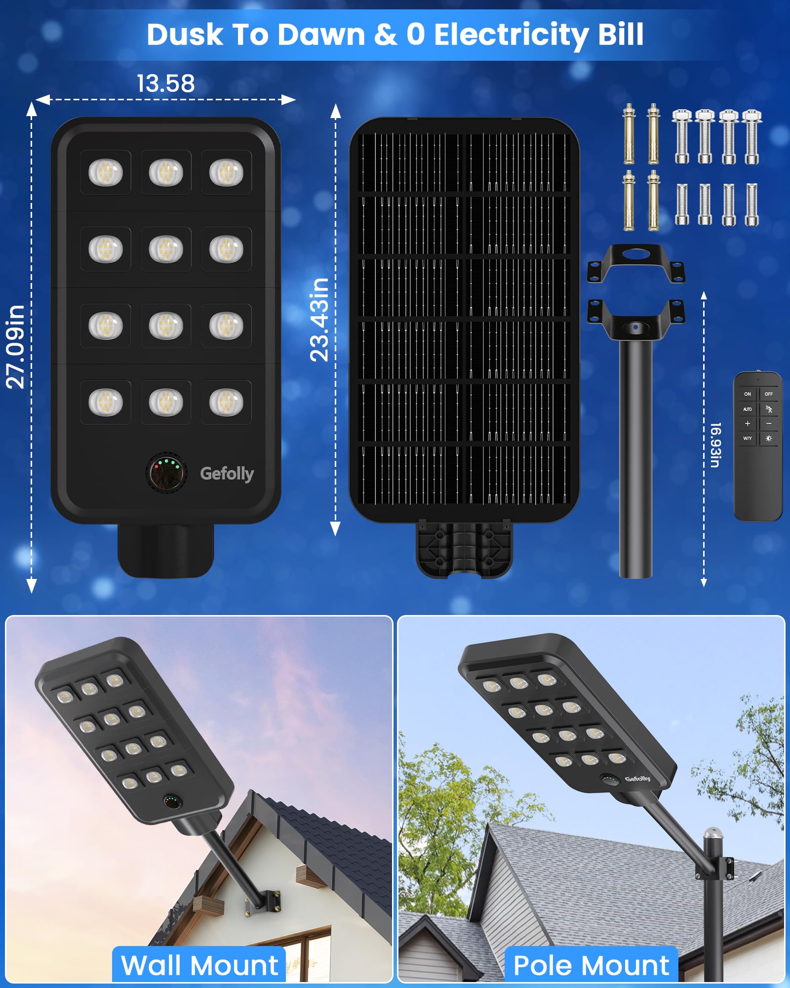 Gefolly G-13000W Solar Straßenlaterne für Außen, Solarlampen 6500K IP67 mit Bewegungssensor, Solarleuchten Superhelles LED Solar Strahler Außen für Garten, Hof, Garage, Haustüren