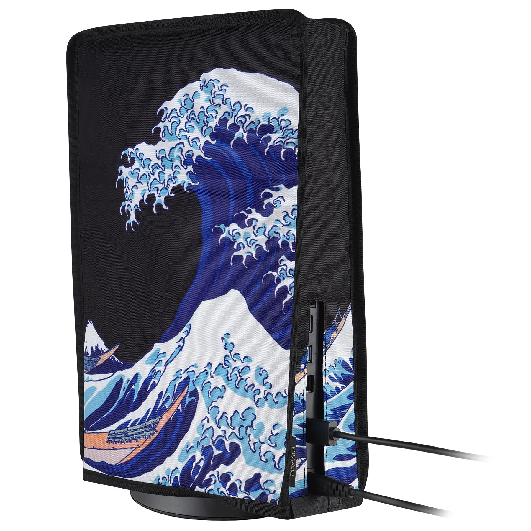 PlayVital Cover per ps5 Console, Copertura Antipolvere Impermeabile Verticale in Nylon per ps5 Standard Console Disc&Digital Edition (Non per Slim/Pro),Grande Onda Nera