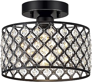 Black Crystal Ceiling Light Fixture,Modern Semi Flush Mount Ceiling Lighting Fixture,Round Small Chandelier for Hallway, Entryway, Laundry Room, Kitchen, Bedroom, Foyer, Bathroom, 1 Light, 9 inch