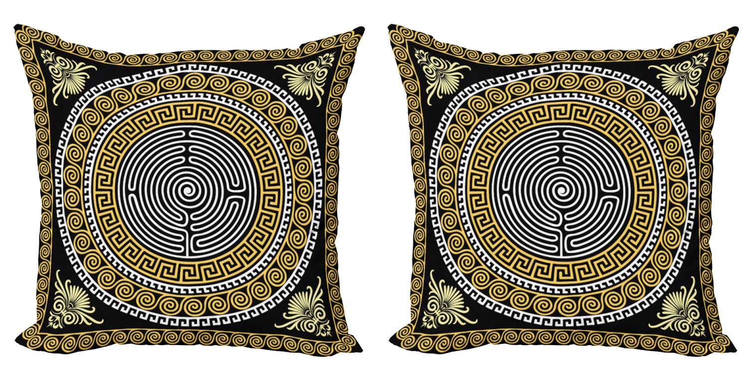 Federe Cuscini ABAKUHAUS Con Motivo Chiave Greca, Set 2 Pezzi, 40x40 Cm, Microfibra, Pallido Giallo/bianco/nero