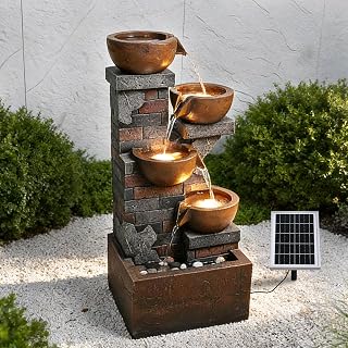 33.5" Tall Solar Water Fountain Outdoor Garden | 4-Tiered Bowl Fountains with Lights, Solar Powered Waterfall for Garden, Patio, Backyard, Deck, Porch
