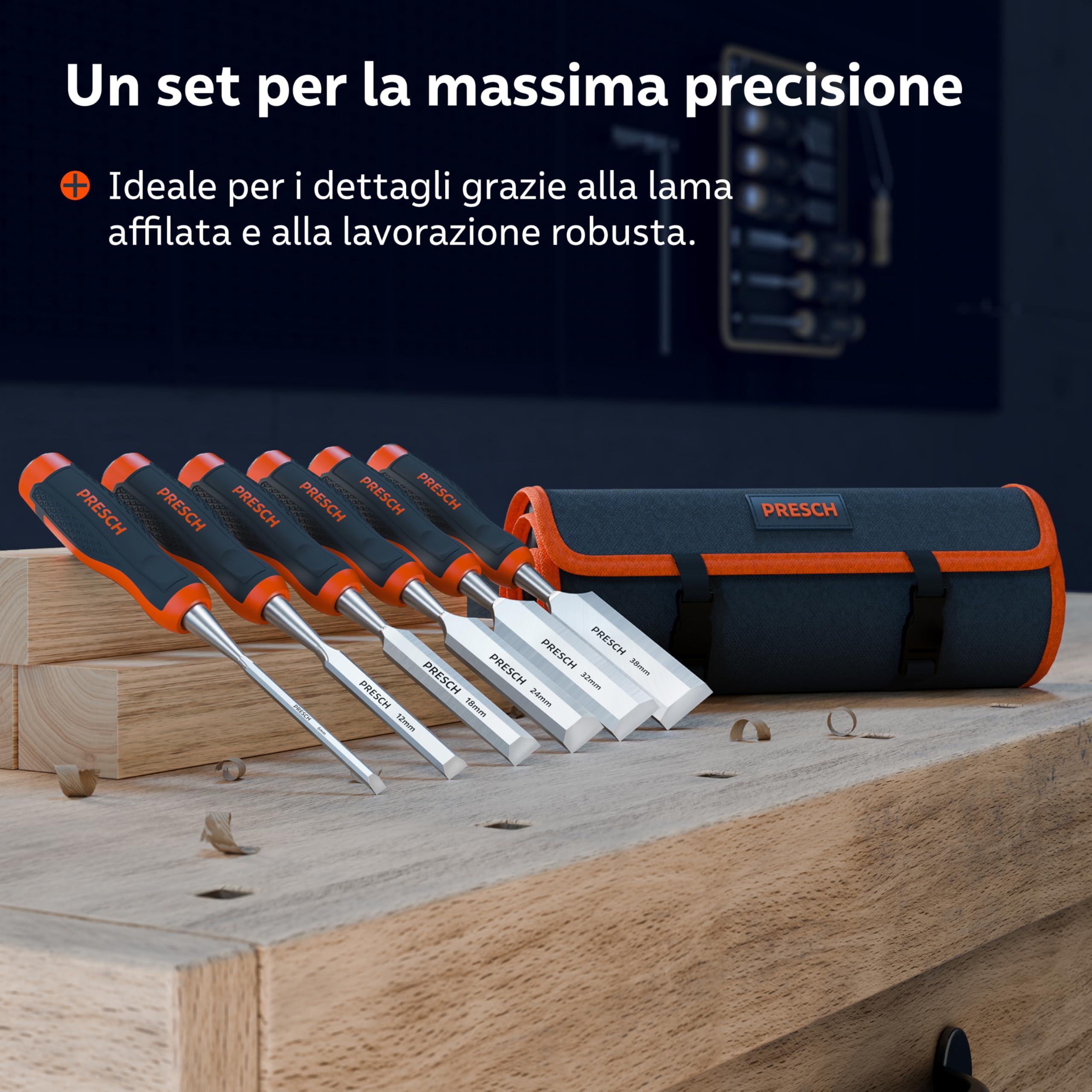 Presch Set di scalpelli per legno 6pz. incl. Borsa - Completamente affilati per un utilizzo immediato (6, 12, 18, 24, 32, 38mm) - Con angolo di taglio a 25° e robusta capocchia in metallo