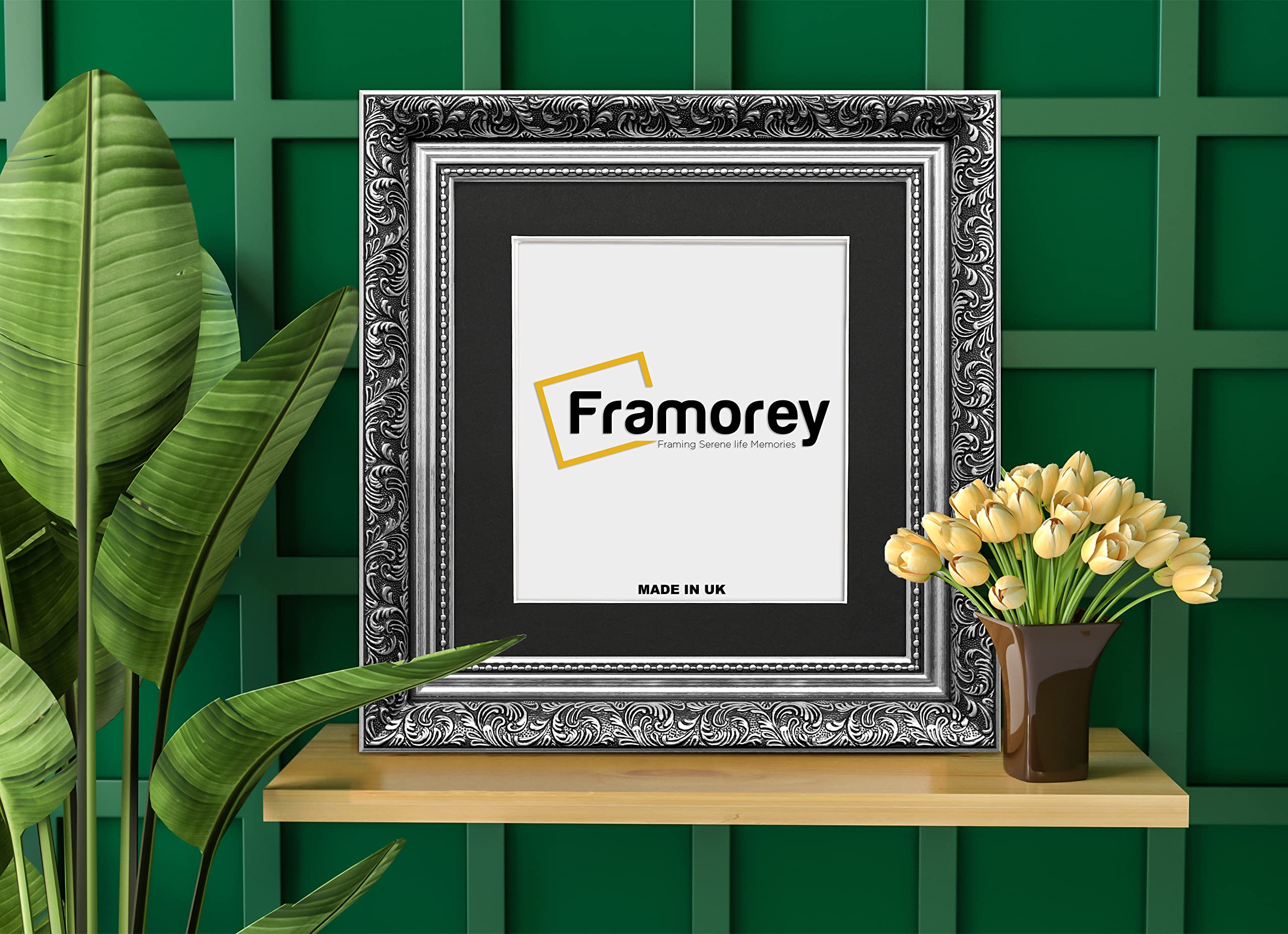 FRAMOREY Square Size Picture Frame, 30x30CM Size Silver Photo Frame With 25x25CM Size Black Mount, Dahlia Ornate Effect Wall Art Poster Frame, Casual Wall Art Frames