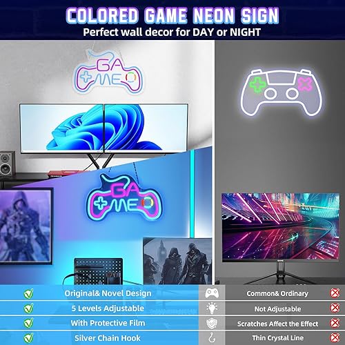 Miniatura 2 de Laybasic Letrero de neón regulable, controlador de juego para decoración de pared de sala de juegos, 5 brillo USB con forma de gamepad LED para zona