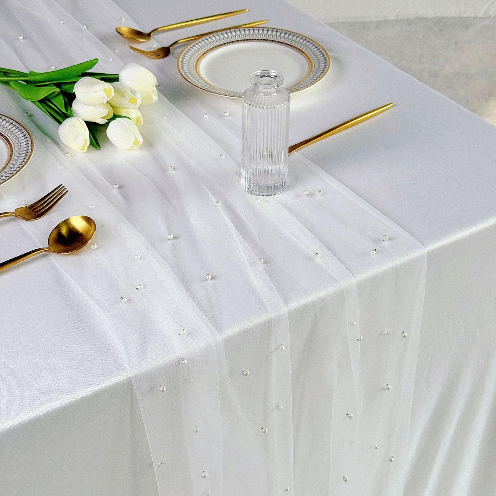 Plancholo Pearl Table Runner 118 Inches Long White Boho Rustic Tulle Table Runner with White Pearls for Wedding Birthday Party Table Decor, 30x118 Inches